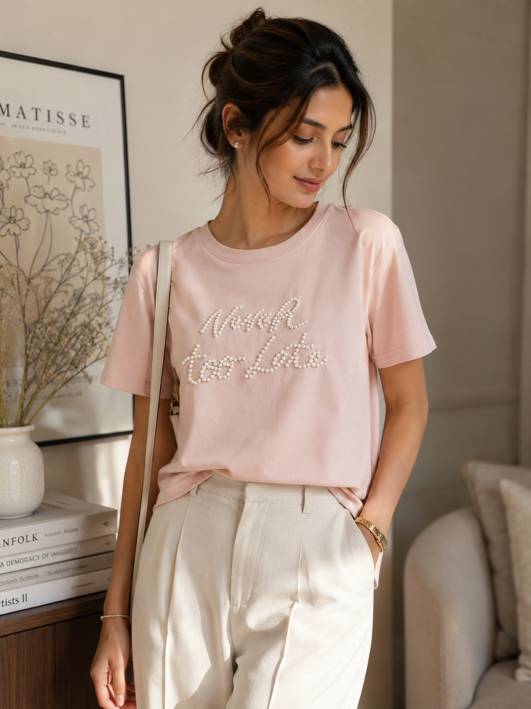 Odette Pearl Embellished Graphic T-Shirt – Blush Pink