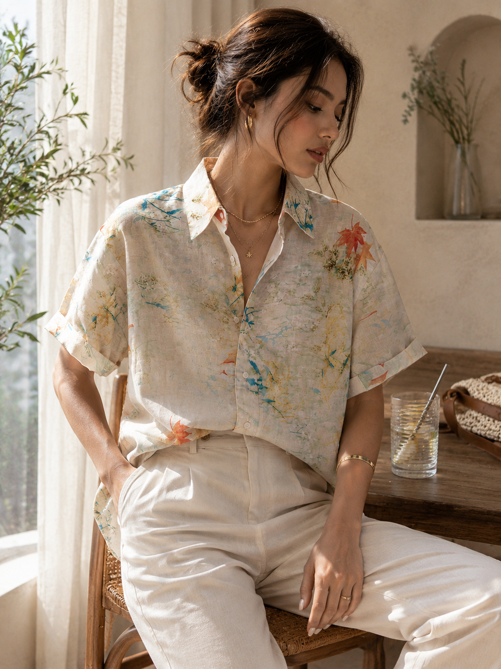 B+Vestry Botanical Print Linen Blend Shirt – Beige
