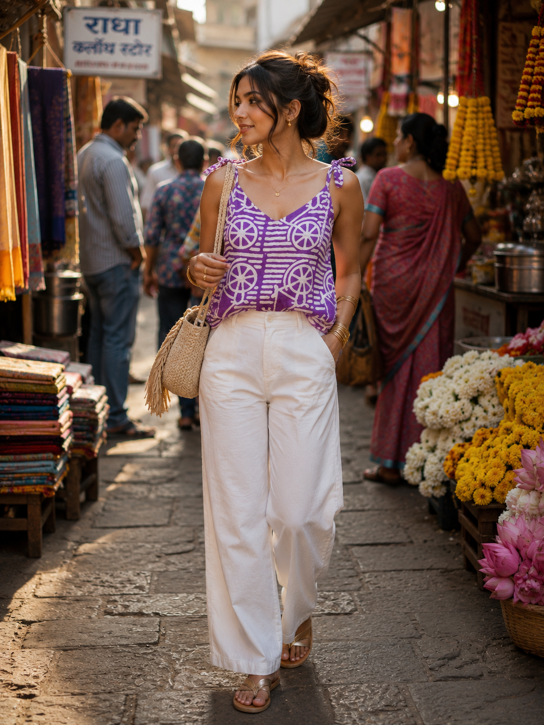 Handcrafted Chakra Print Cotton Top – Violet & White