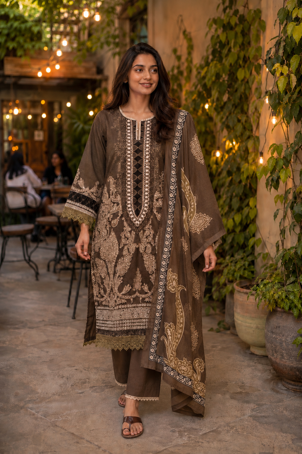 Olive Brown Paisley Mul Cotton Suit | 3-Piece