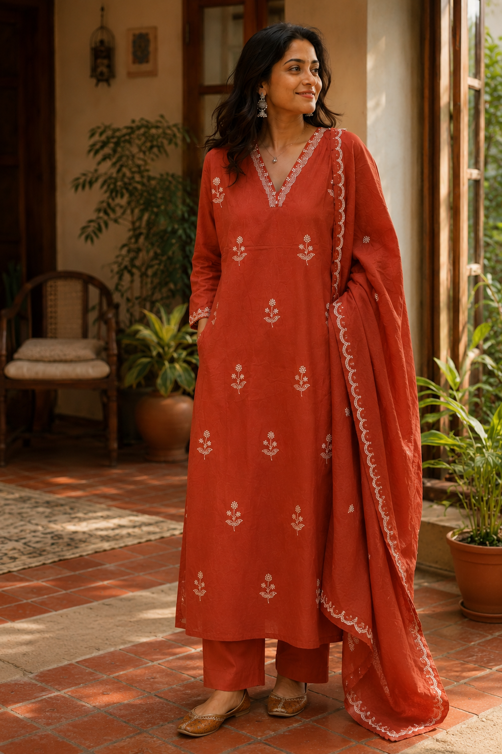 Rust Orange Floral Embroidered Cotton Kurta Set — 3 Piece