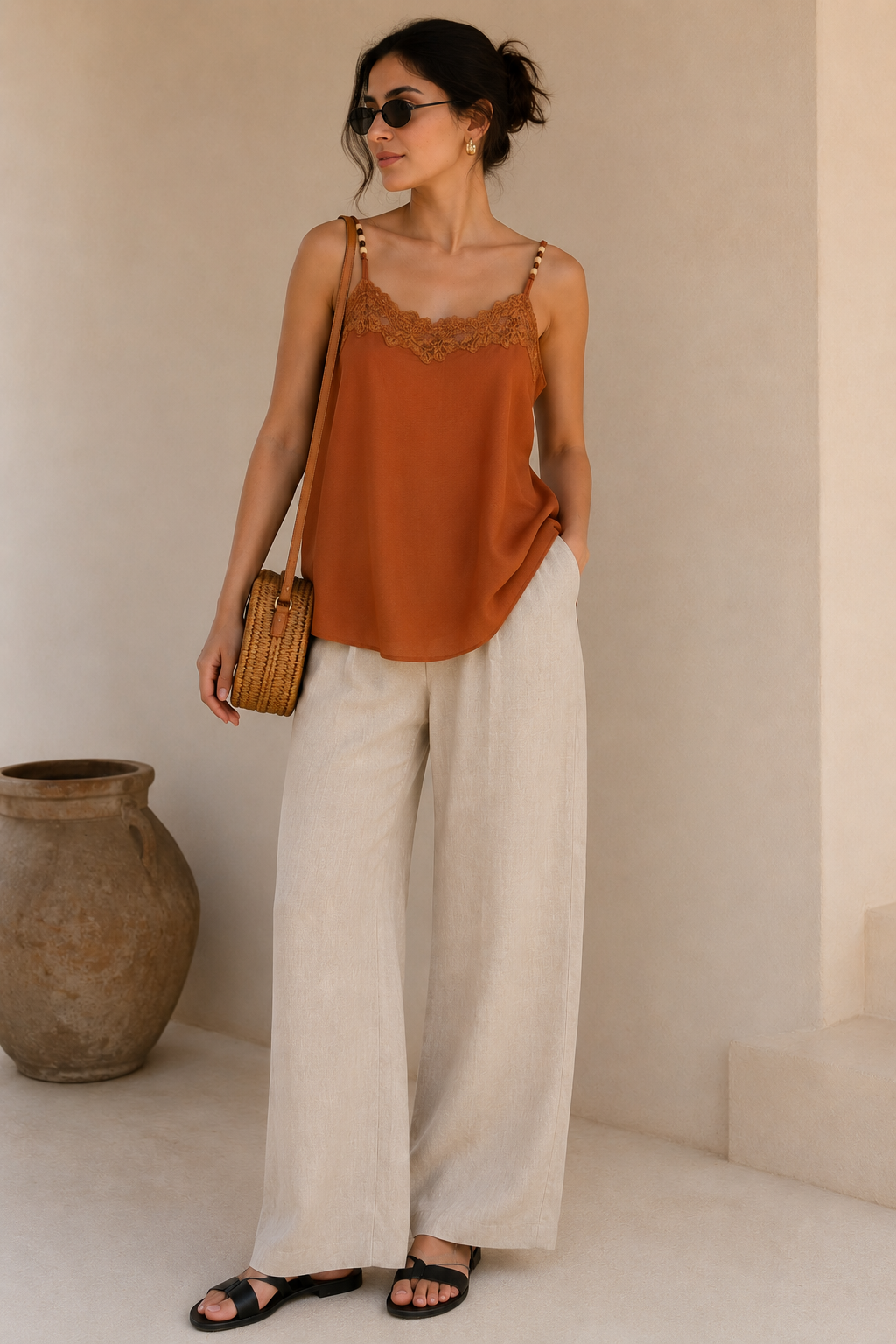 Rust Lace Trim Tank Top