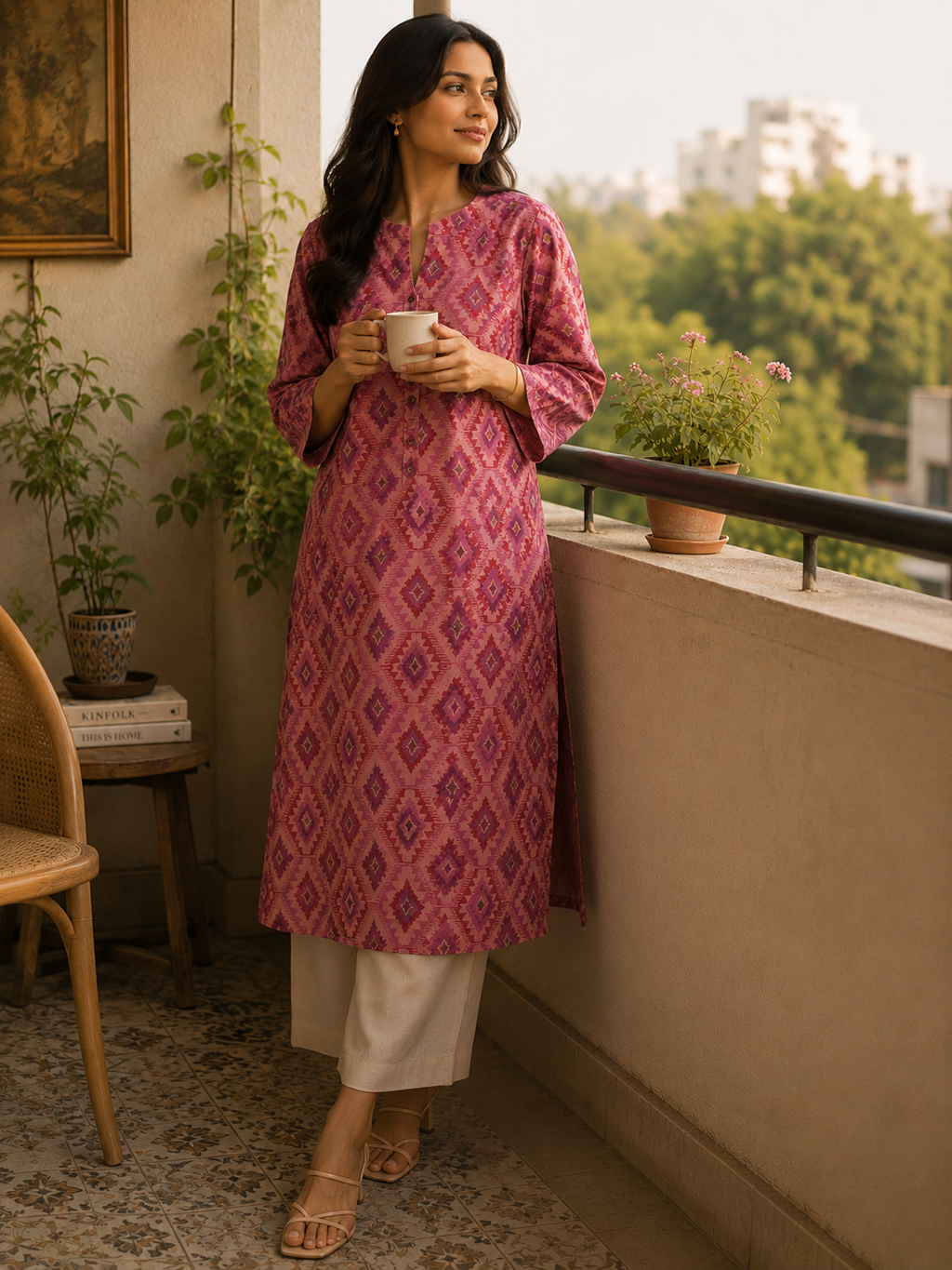 Pink Geometric Ikat Print Kurta