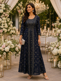 W Navy Blue Ethnic Printed Jumpsuit with Sequin Detail