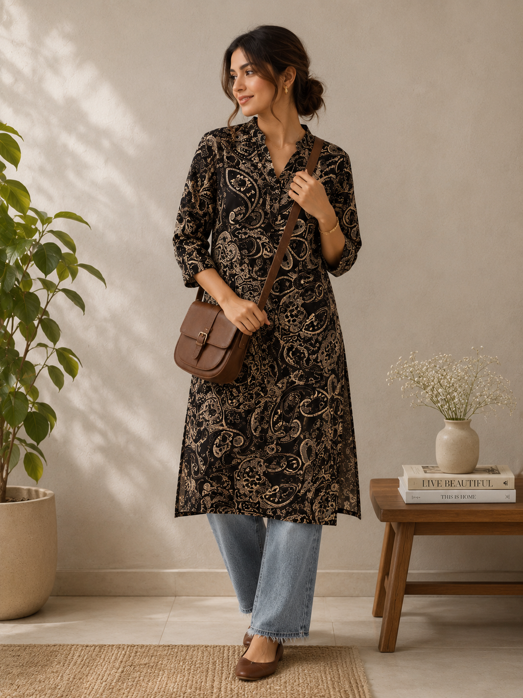Mamoose Black & Gold Paisley Print Kurta