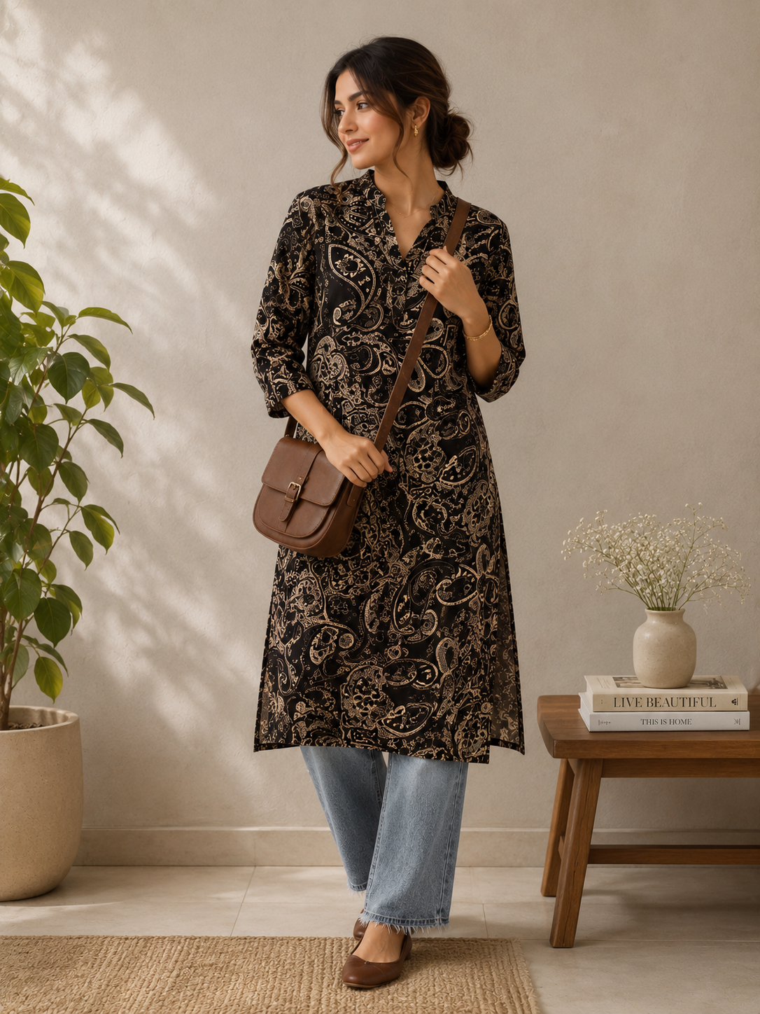 Mamoose Black & Gold Paisley Print Kurta