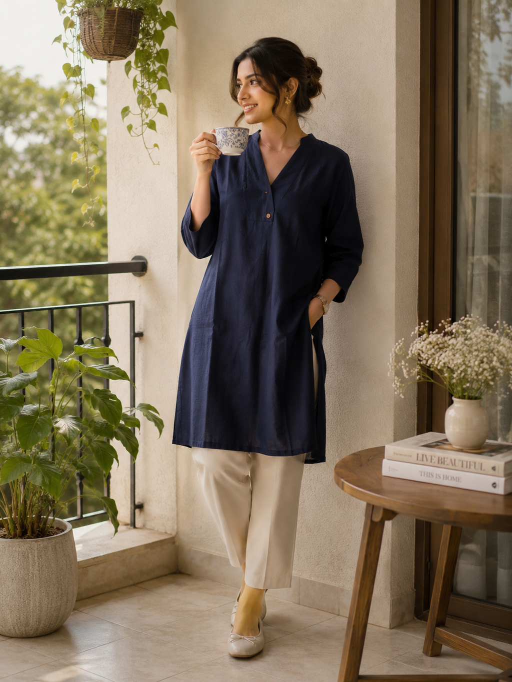 Mamoose Navy Blue Solid Linen-Look Longline Kurta