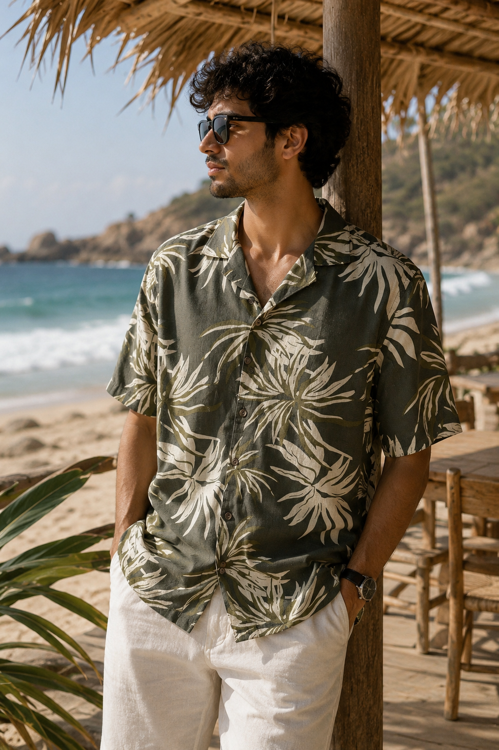 People Tropical Olive Palm Print Resort Shirt
