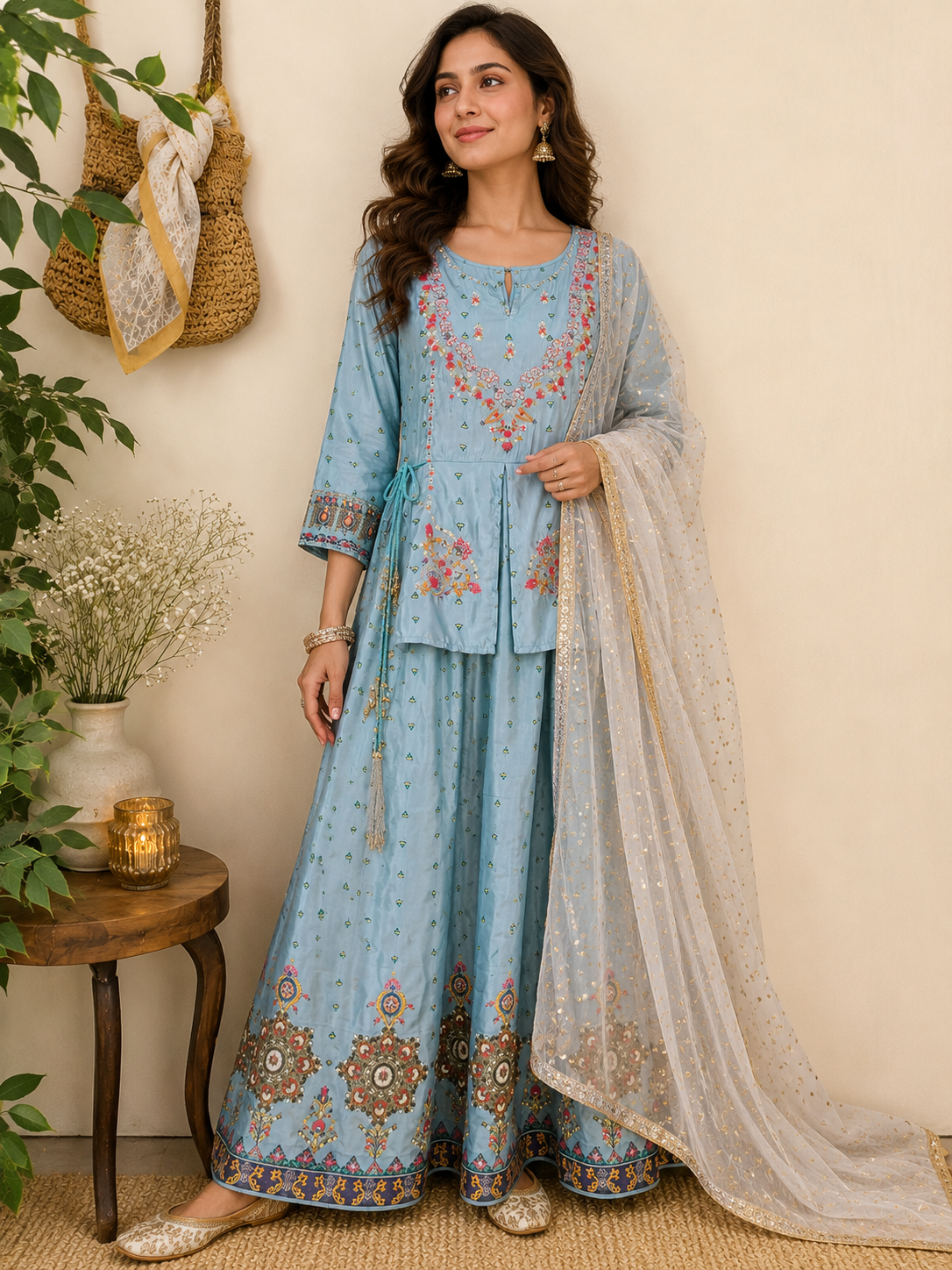 W Ice Blue Embroidered Anarkali — Festive Wear