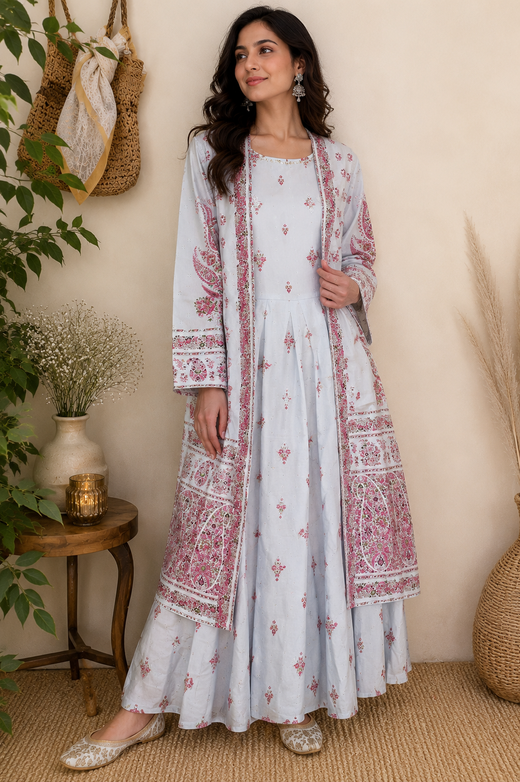 W Powder Blue & Pink Paisley Jacket Kurta Set
