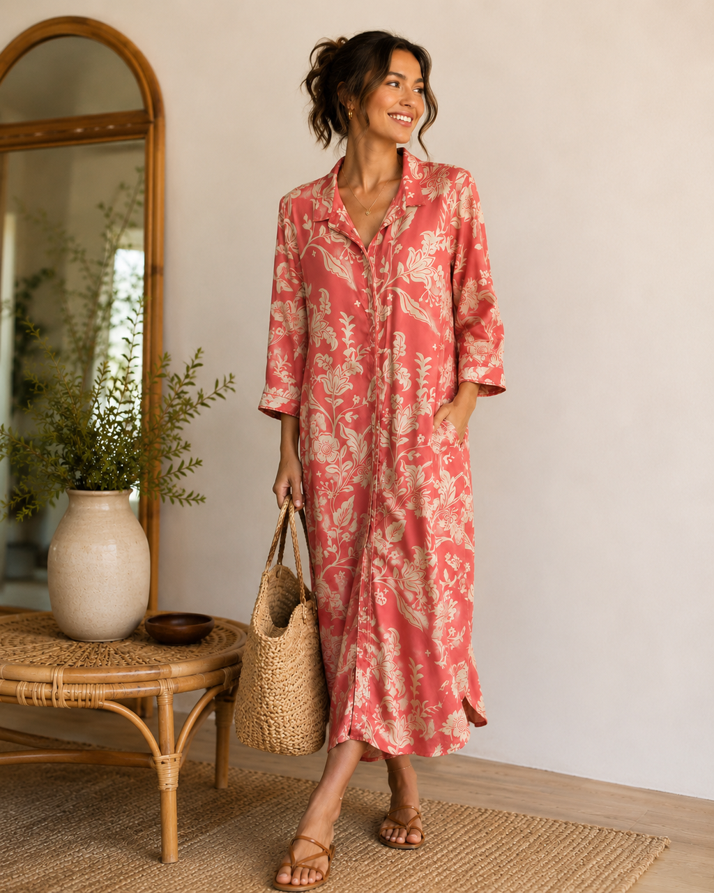 Coral Floral Satin Shirt Dress