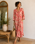 Coral Floral Satin Shirt Dress