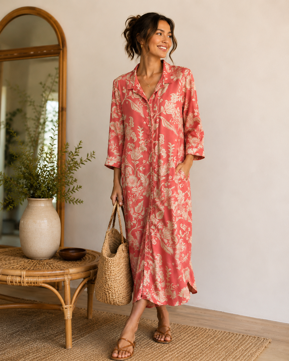 Coral Floral Satin Shirt Dress