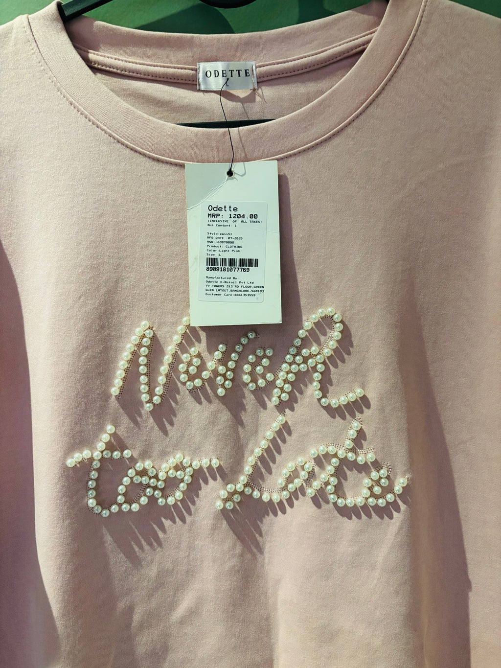 Odette Pearl Embellished Graphic T-Shirt – Blush Pink