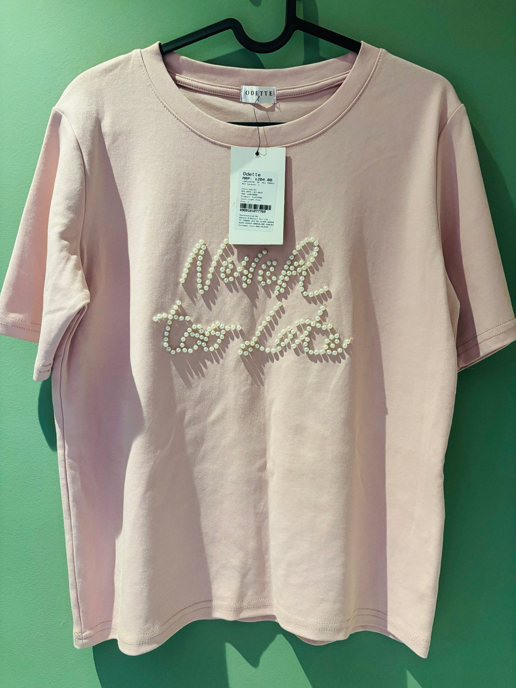 Odette Pearl Embellished Graphic T-Shirt – Blush Pink