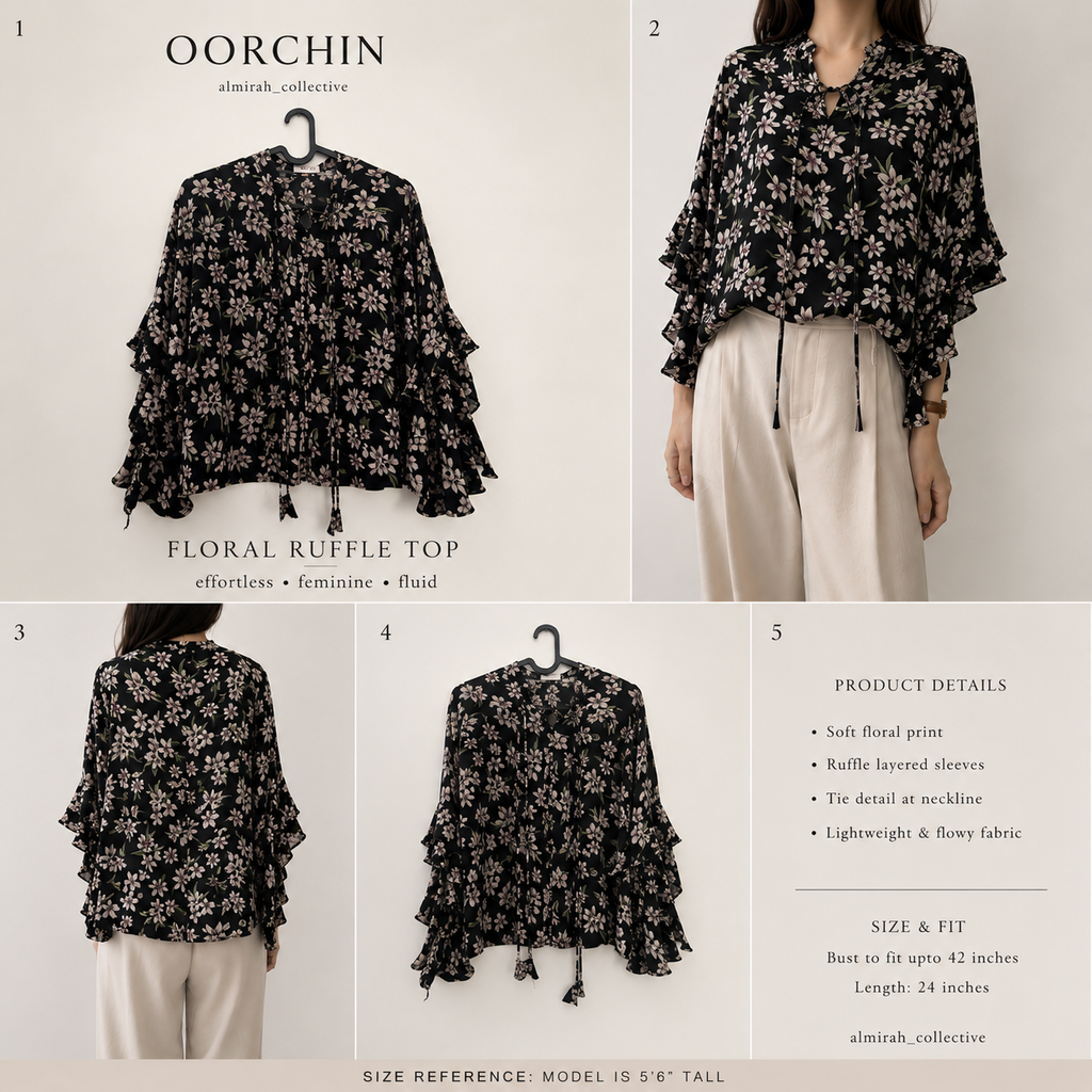 OOrchin Floral Ruffle Bell Sleeve Top
