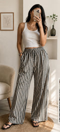 Green & White Striped Wide Leg Pants