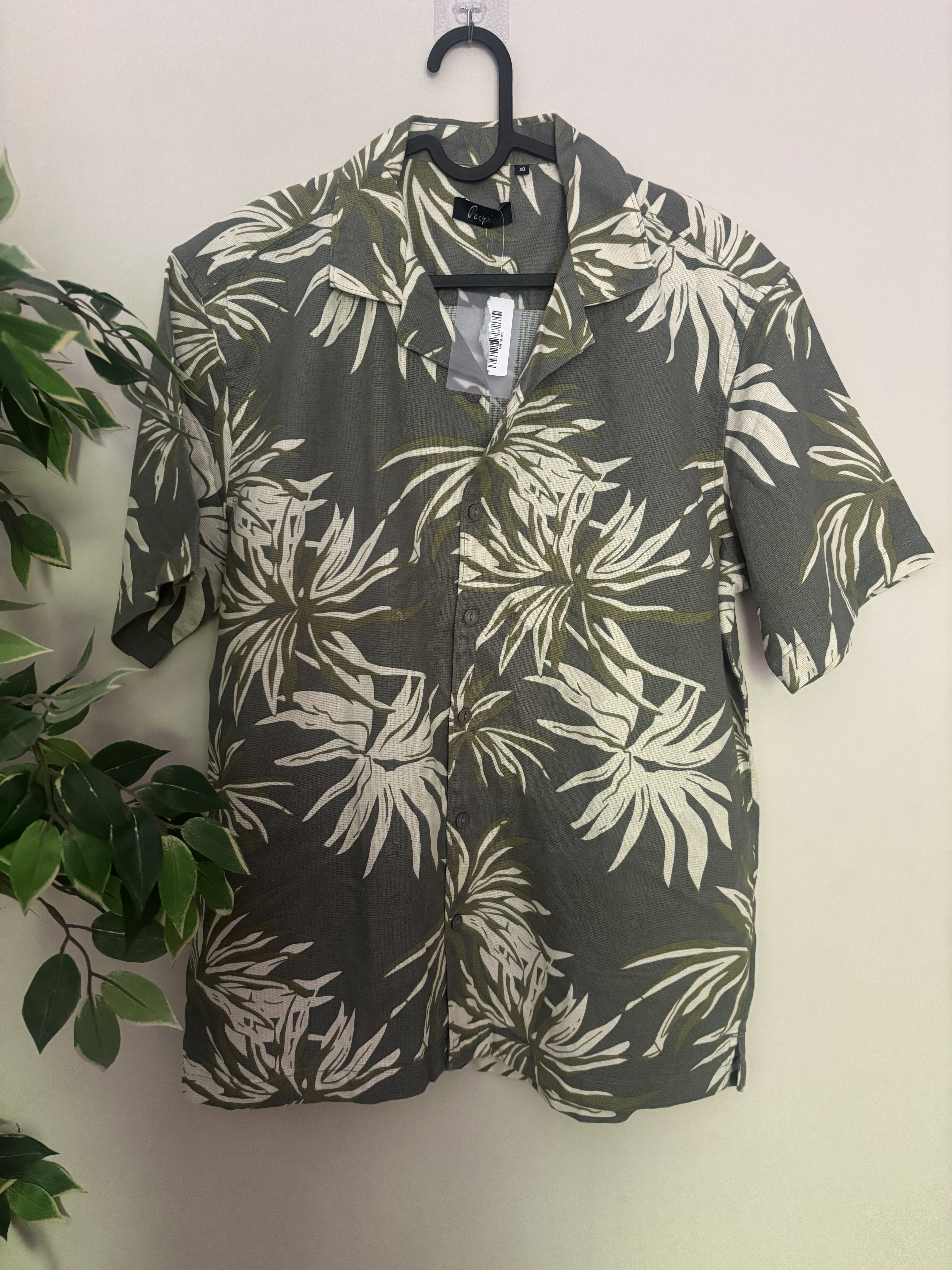 People Tropical Olive Palm Print Resort Shirt