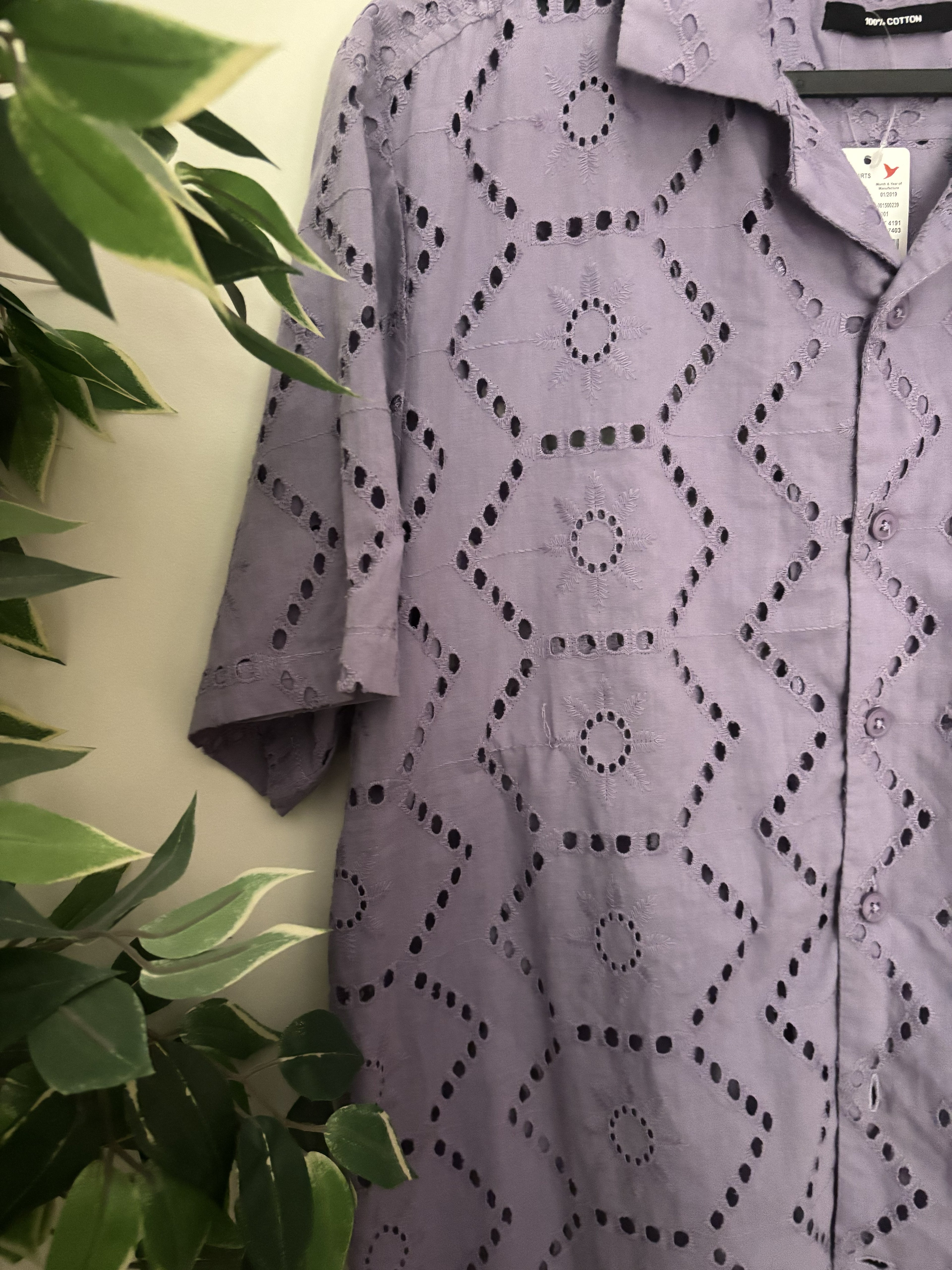 Max Urban Lavender Eyelet Cotton Camp Collar Shirt