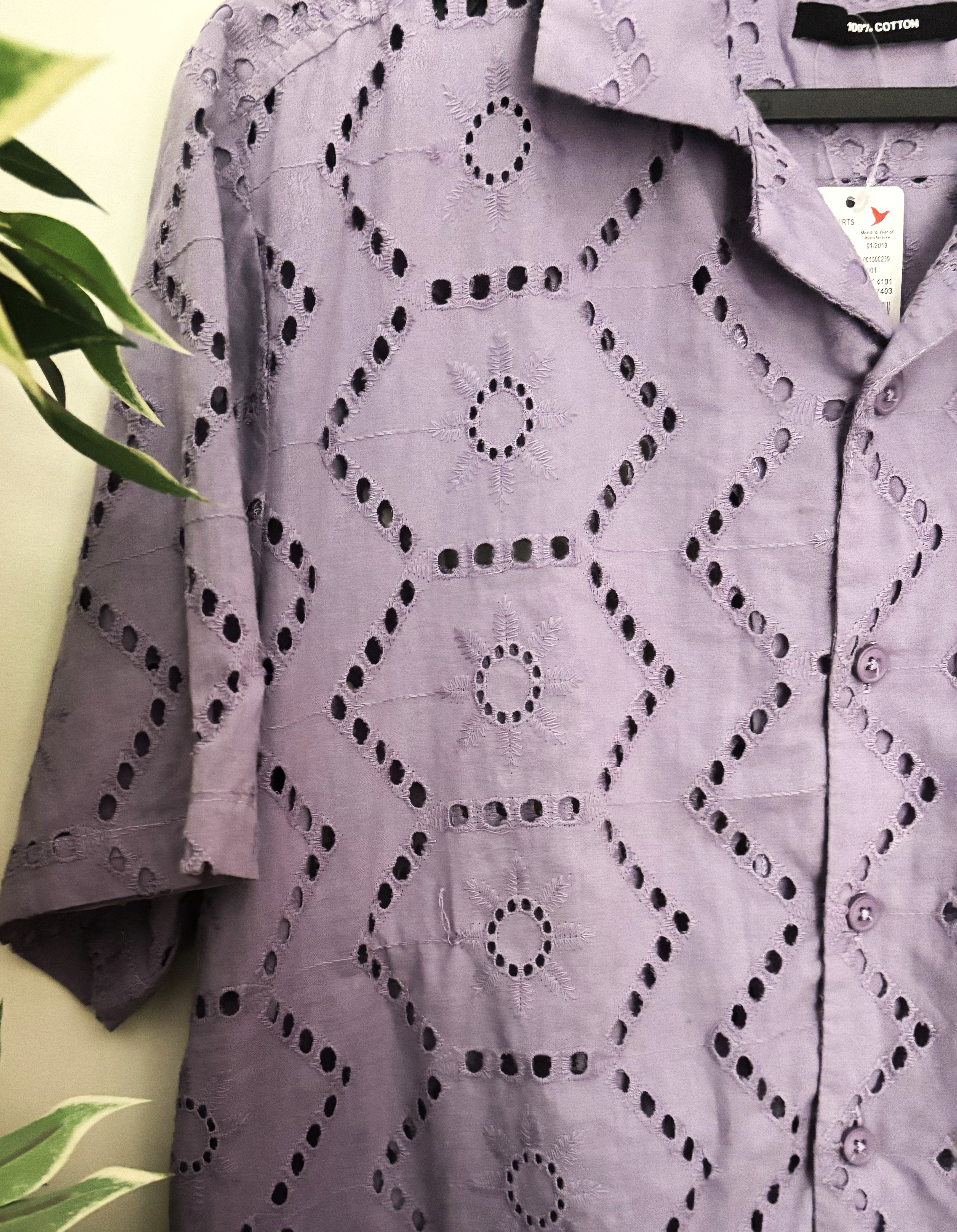Max Urban Lavender Eyelet Cotton Camp Collar Shirt