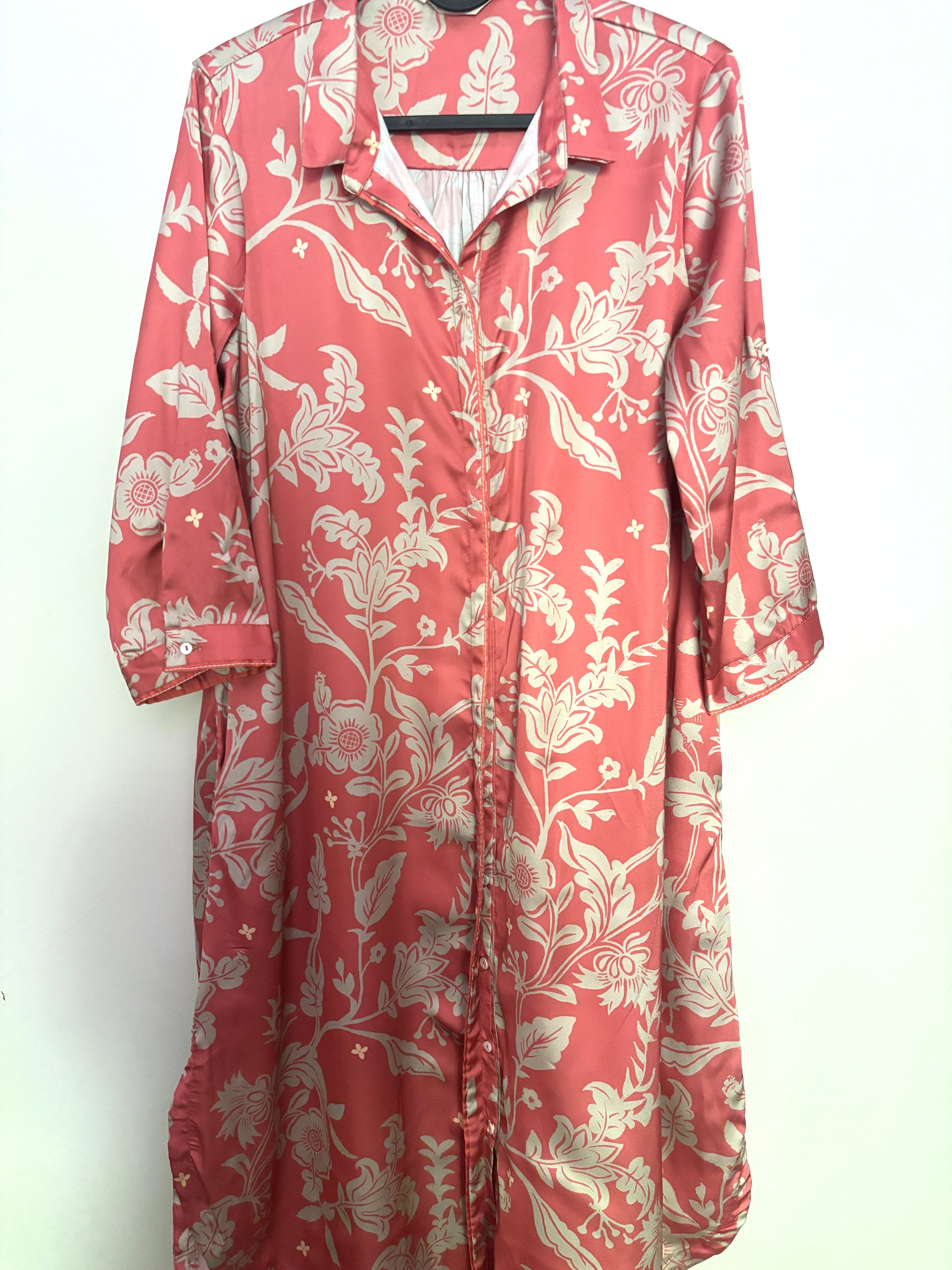 Coral Floral Satin Shirt Dress