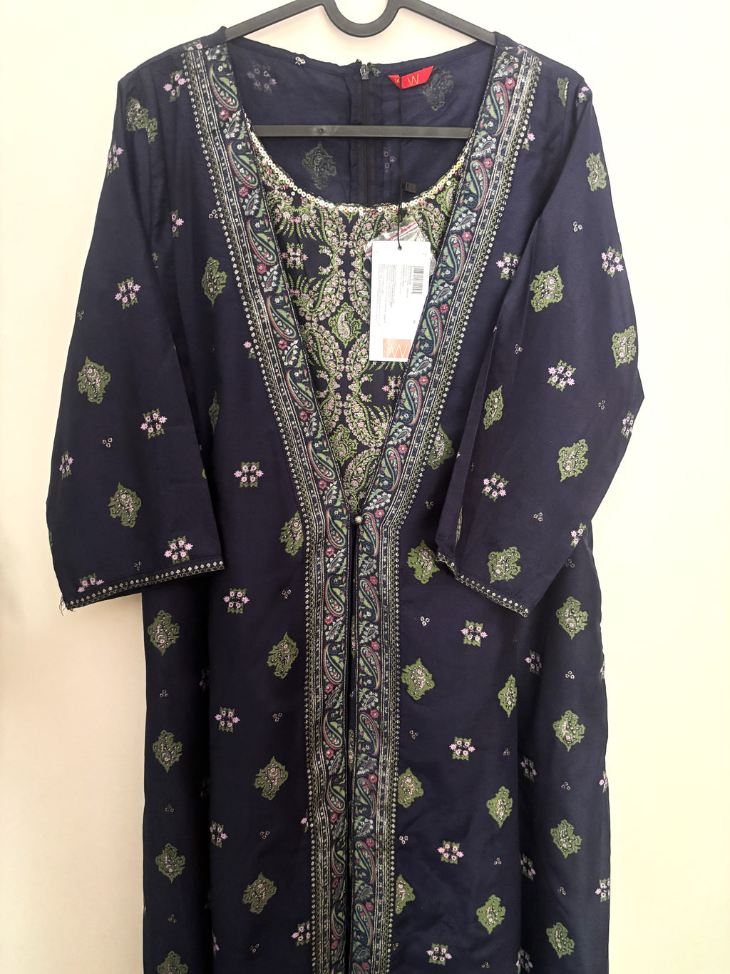 W Navy Blue Ethnic Printed Jumpsuit with Sequin Detail