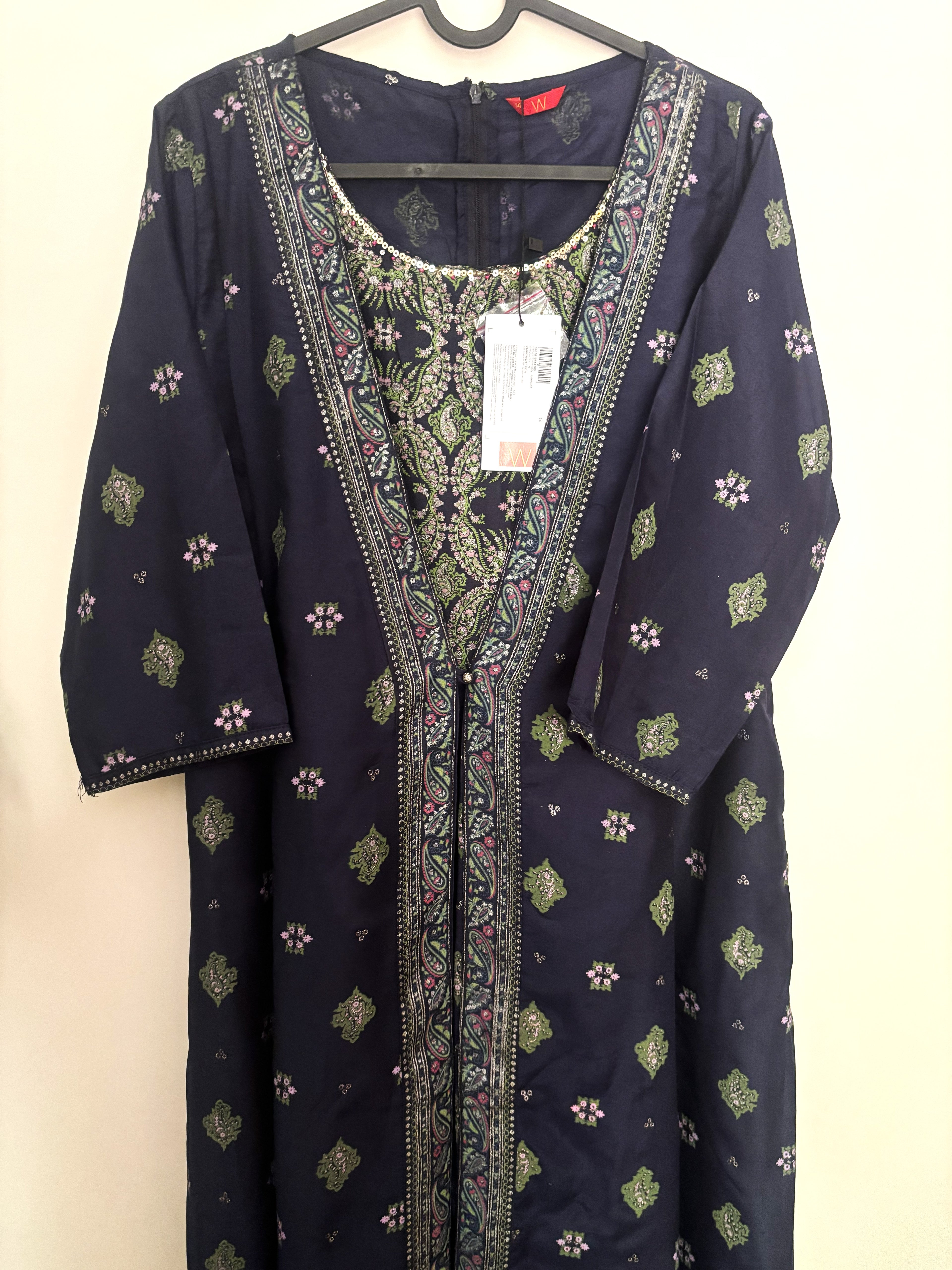 W Navy Blue Ethnic Printed Jumpsuit with Sequin Detail