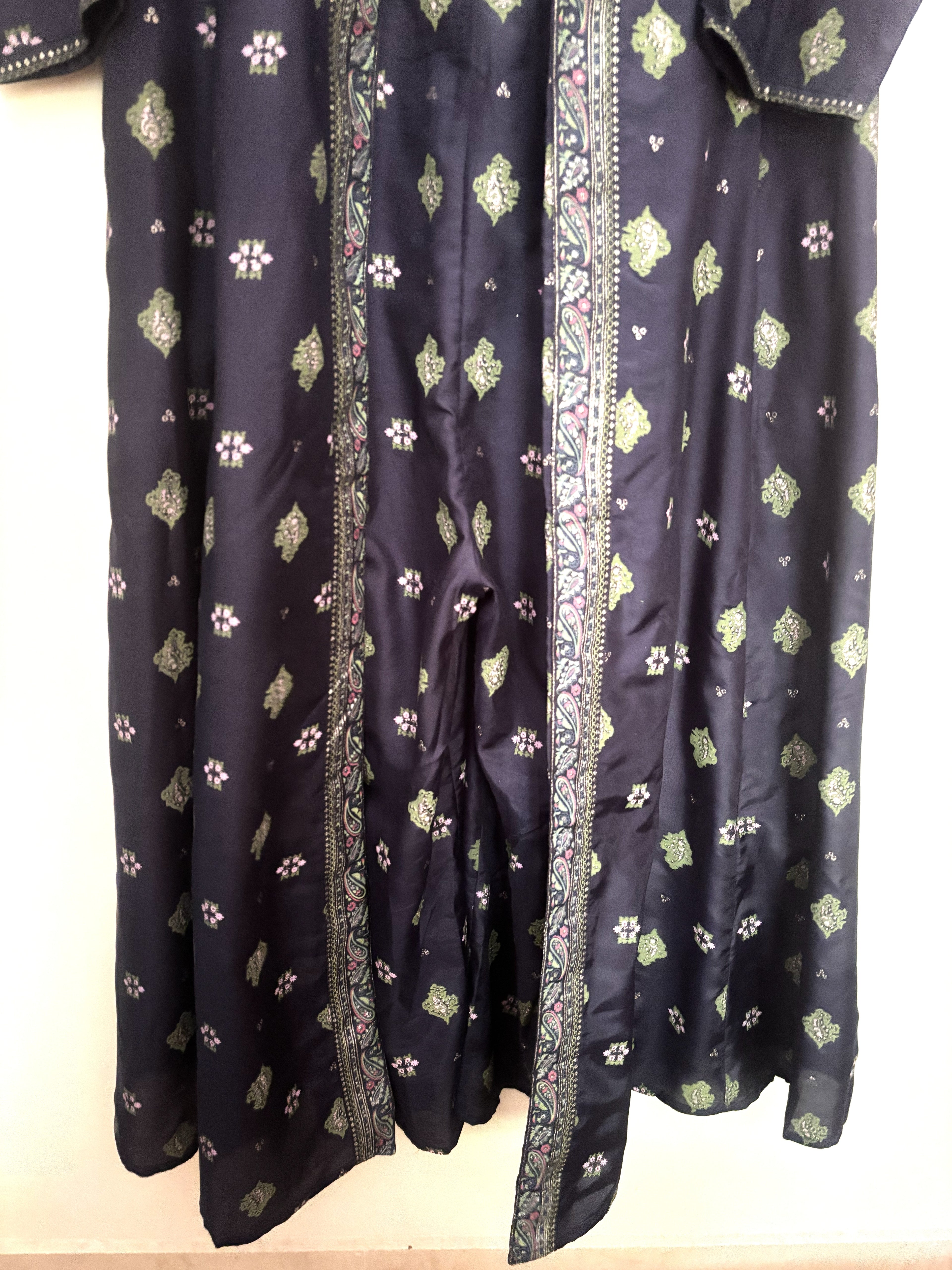 W Navy Blue Ethnic Printed Jumpsuit with Sequin Detail