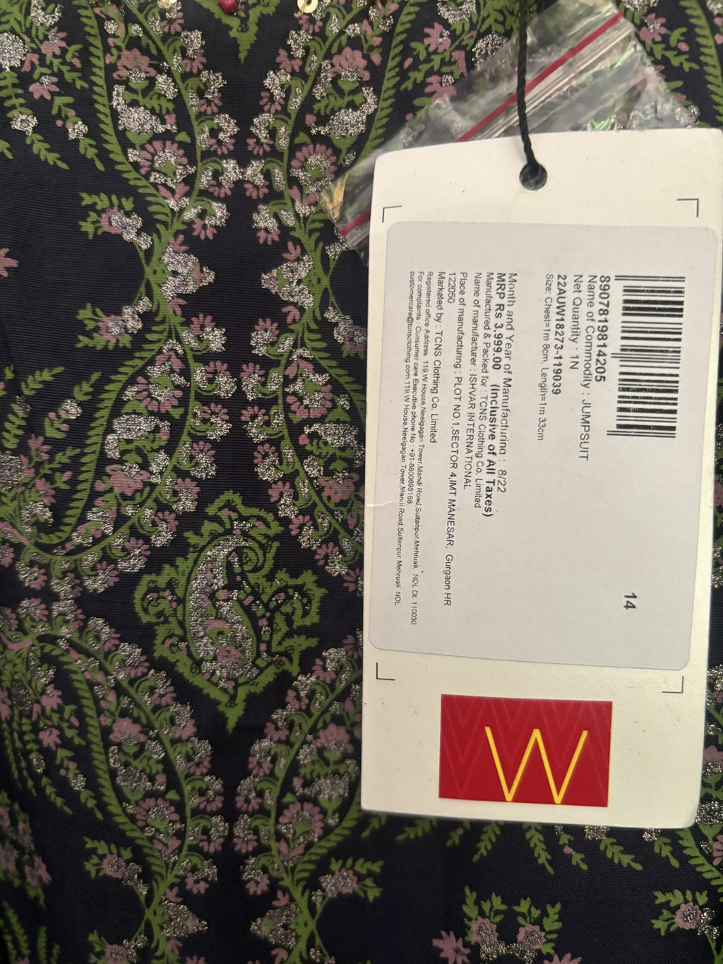 W Navy Blue Ethnic Printed Jumpsuit with Sequin Detail