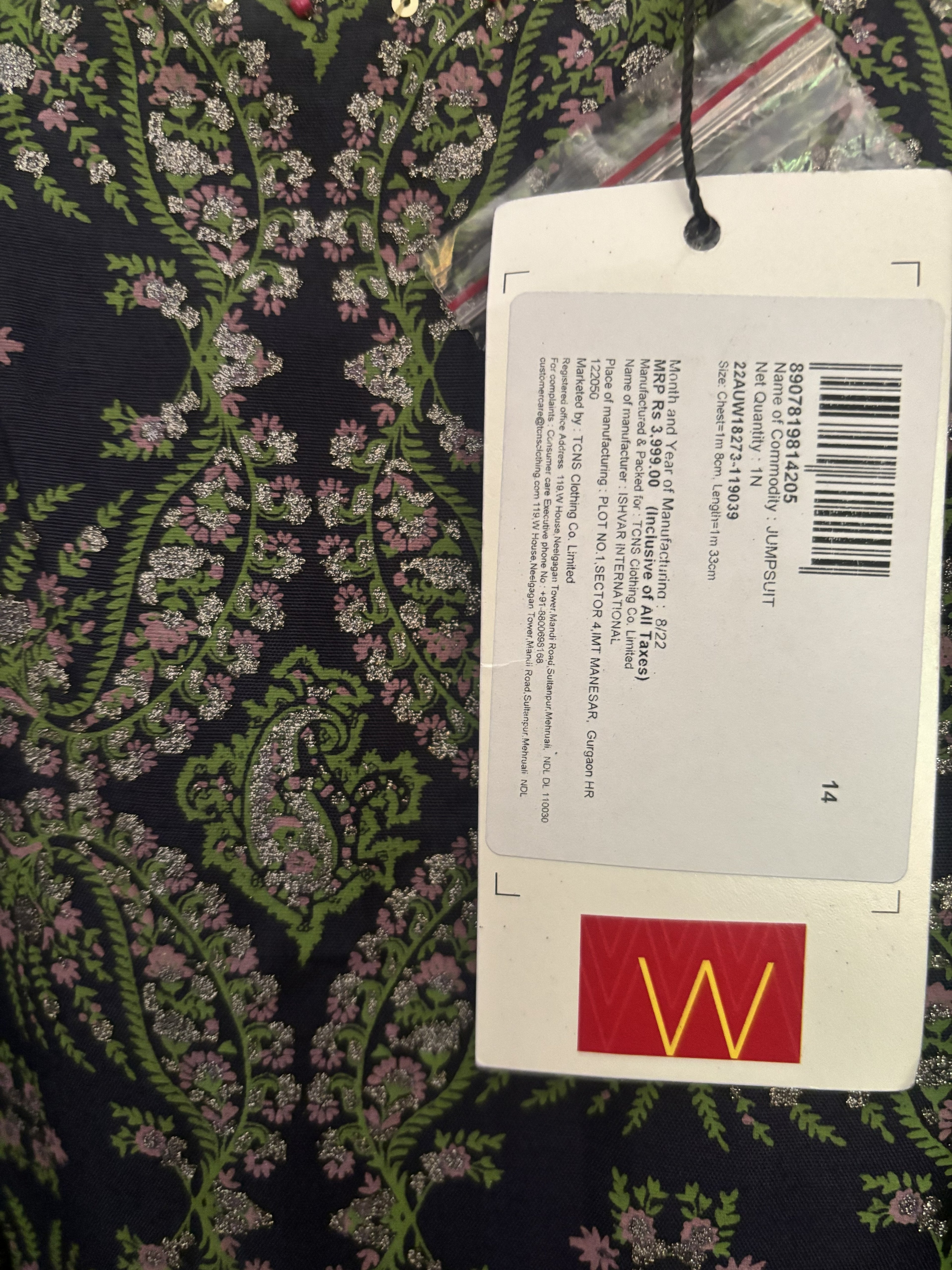 W Navy Blue Ethnic Printed Jumpsuit with Sequin Detail
