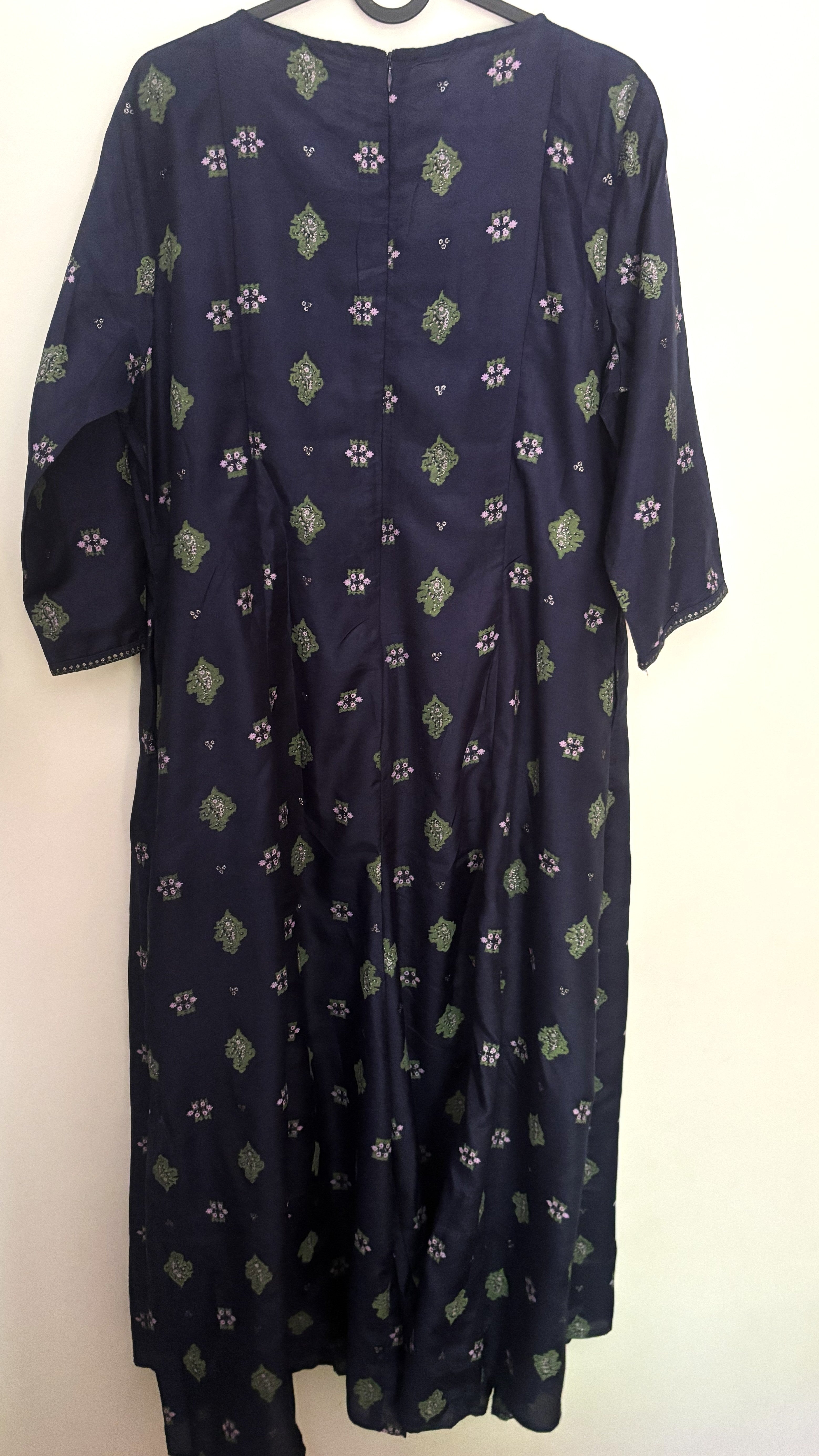 W Navy Blue Ethnic Printed Jumpsuit with Sequin Detail
