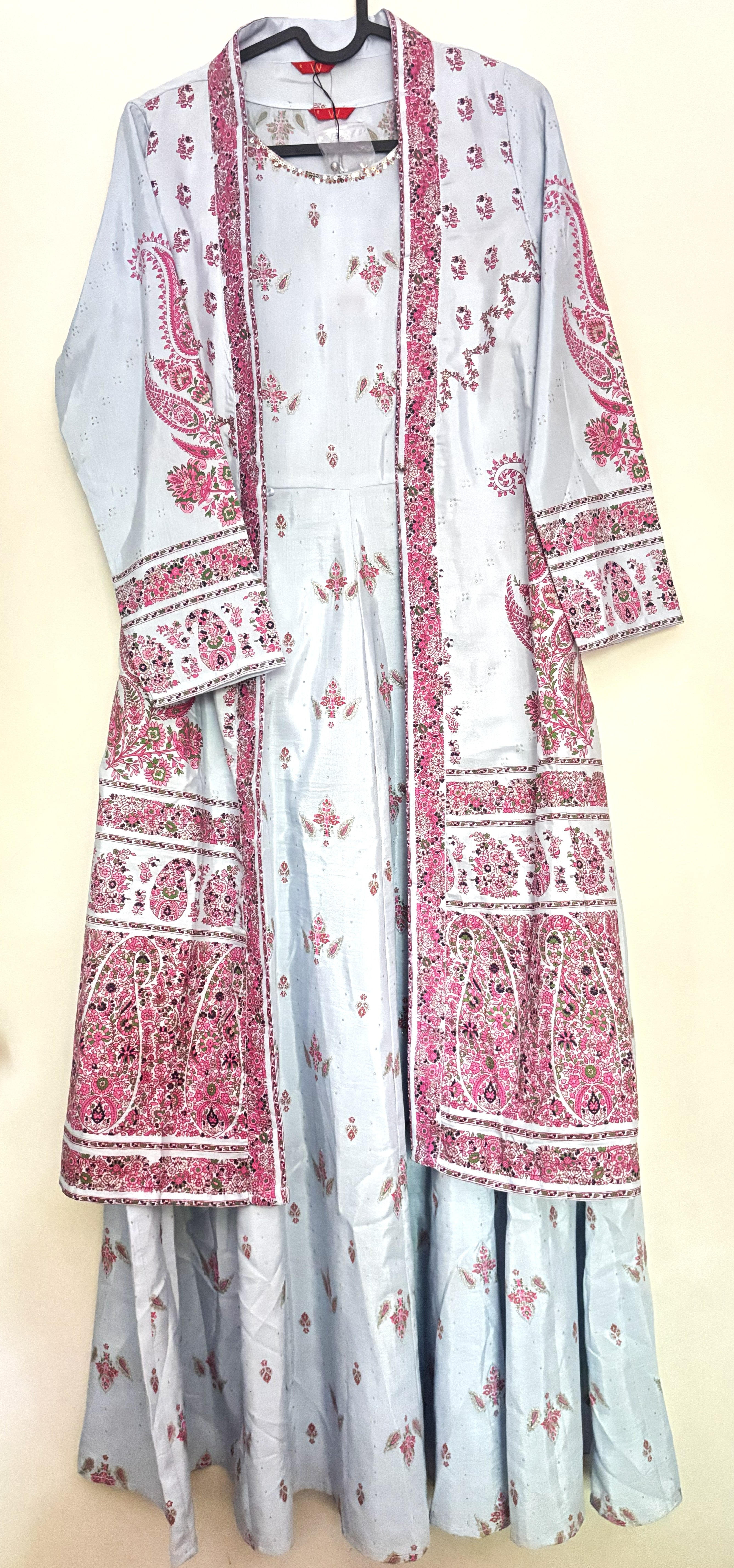 W Powder Blue & Pink Paisley Jacket Kurta Set