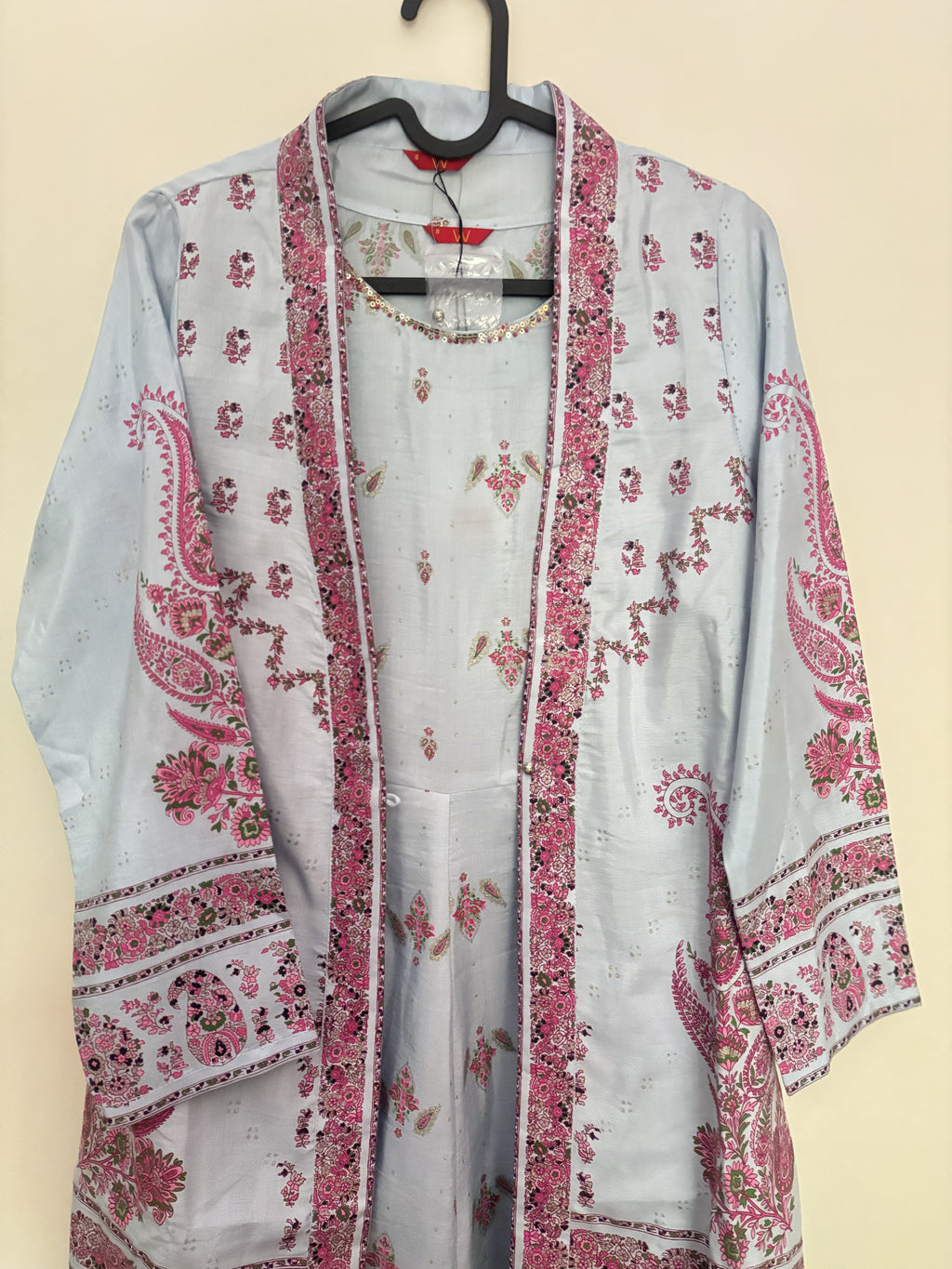 W Powder Blue & Pink Paisley Jacket Kurta Set