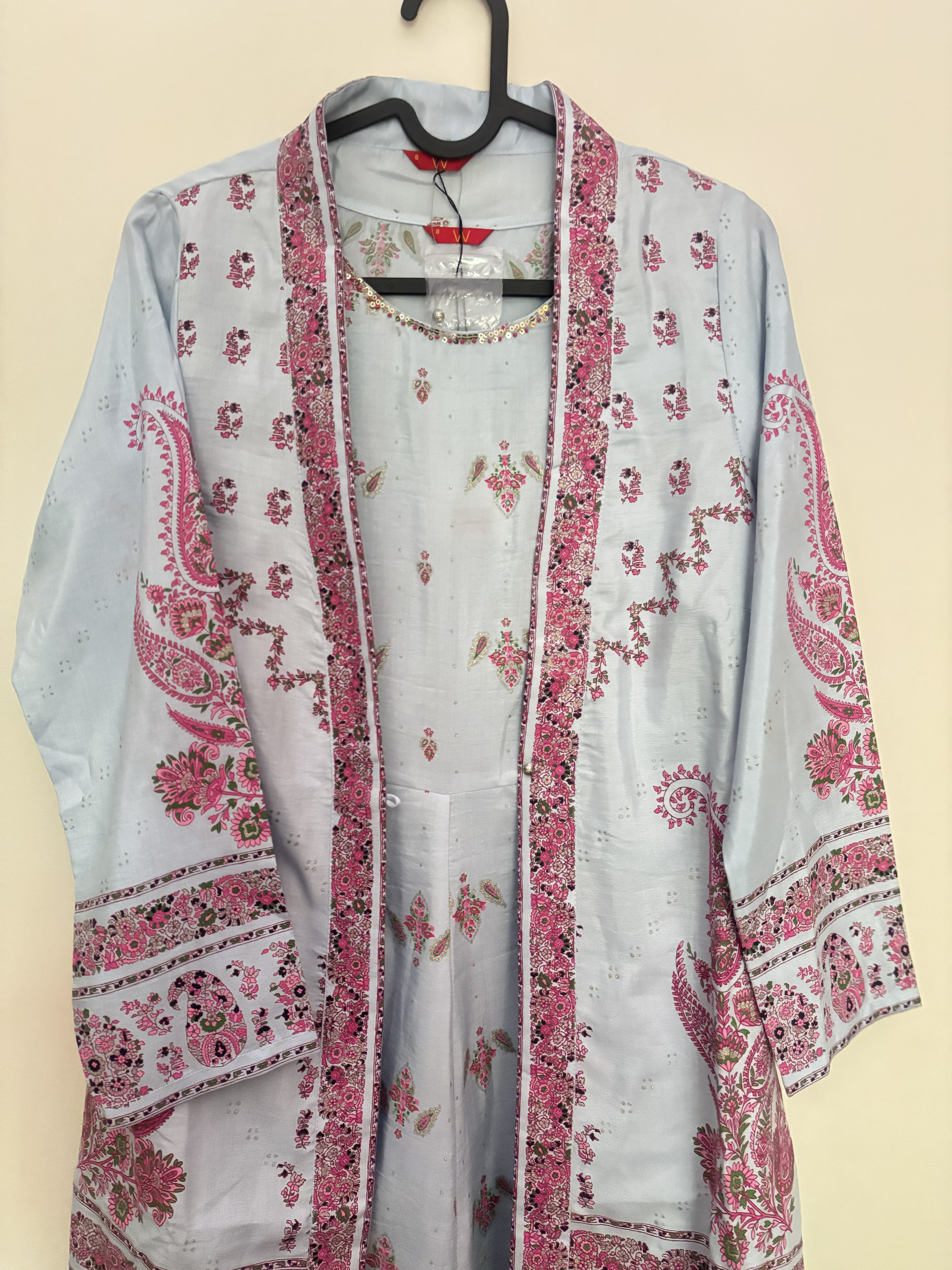 W Powder Blue & Pink Paisley Jacket Kurta Set