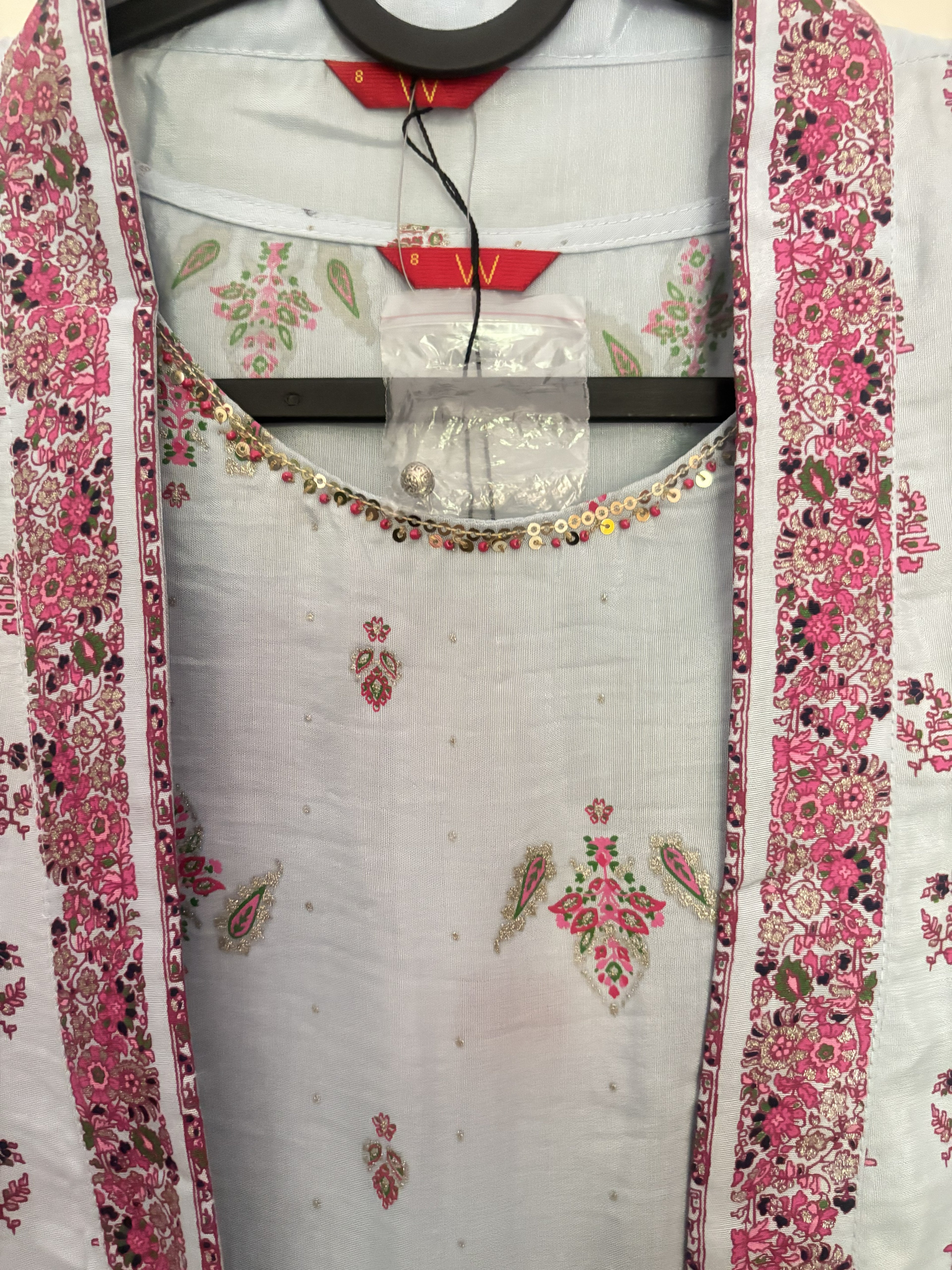 W Powder Blue & Pink Paisley Jacket Kurta Set