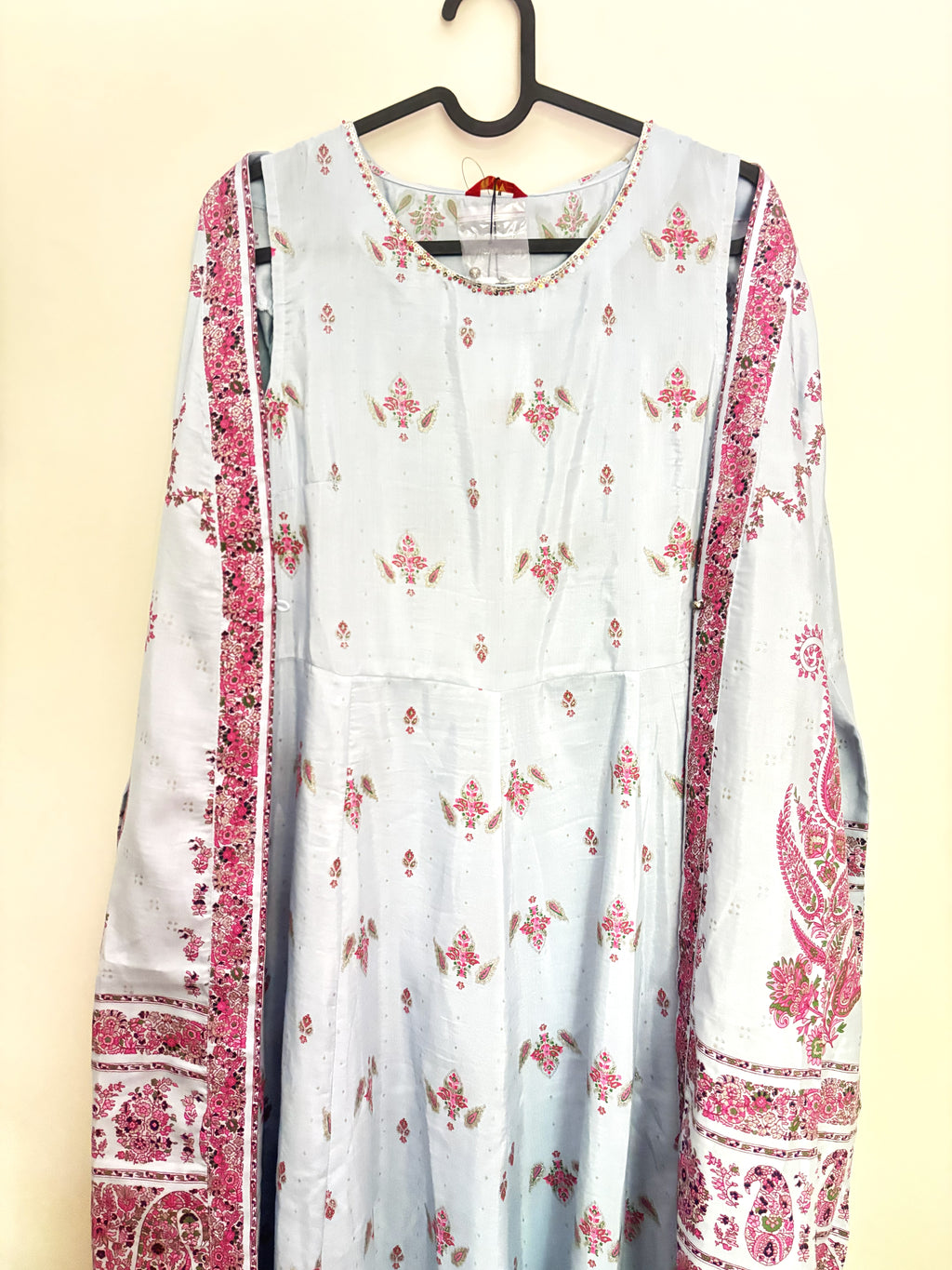 W Powder Blue & Pink Paisley Jacket Kurta Set