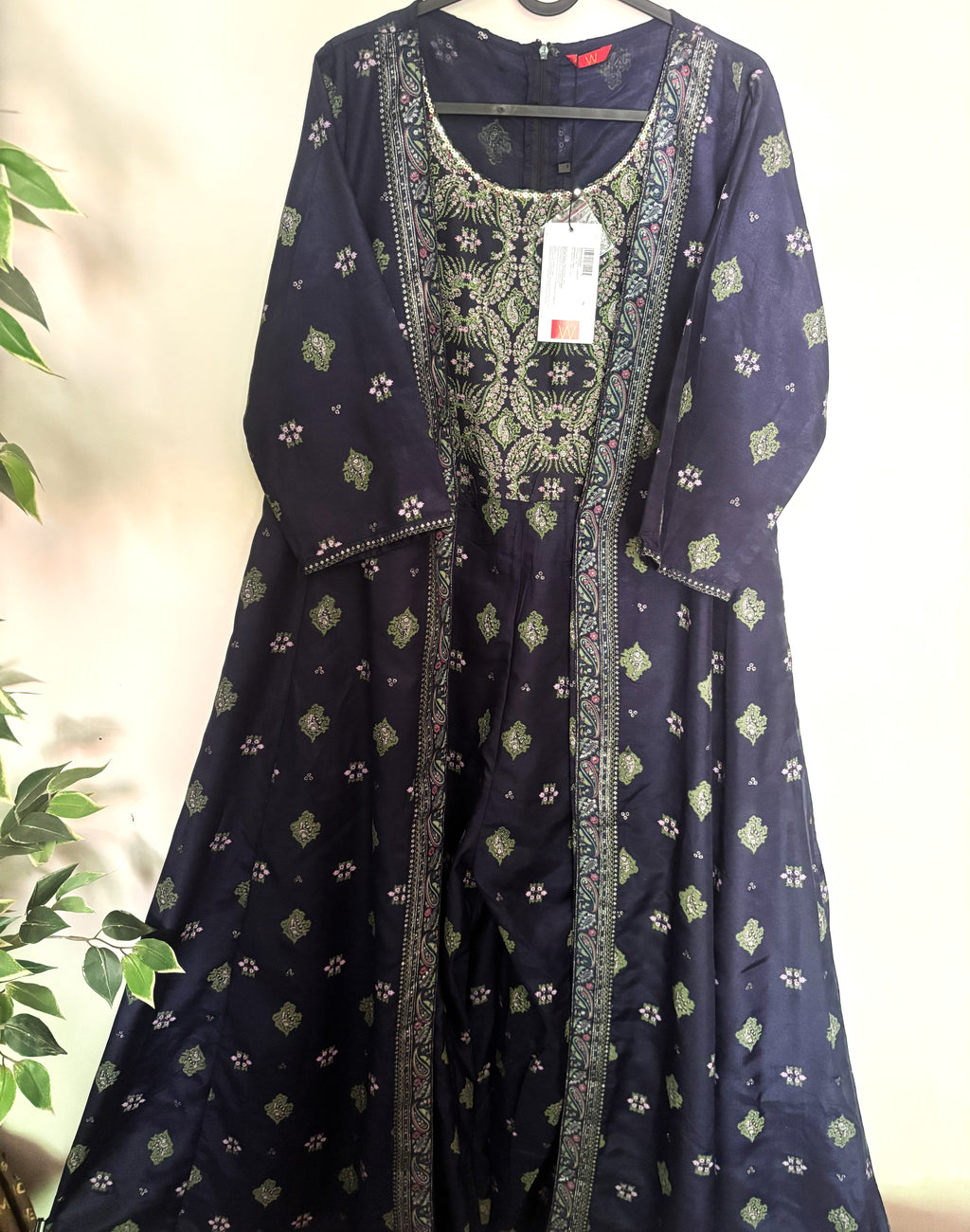 W Navy Blue Ethnic Printed Jumpsuit with Sequin Detail