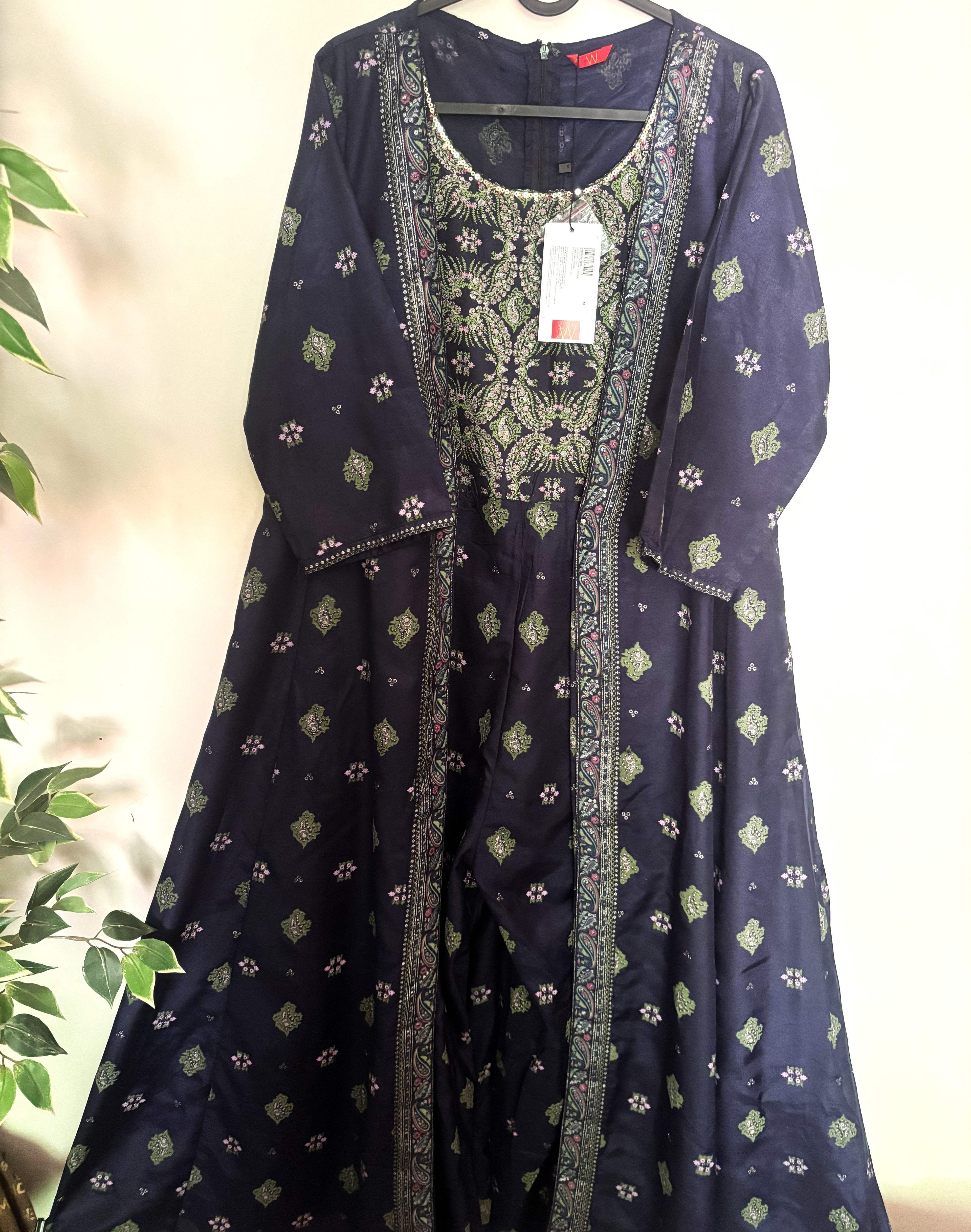 W Navy Blue Ethnic Printed Jumpsuit with Sequin Detail