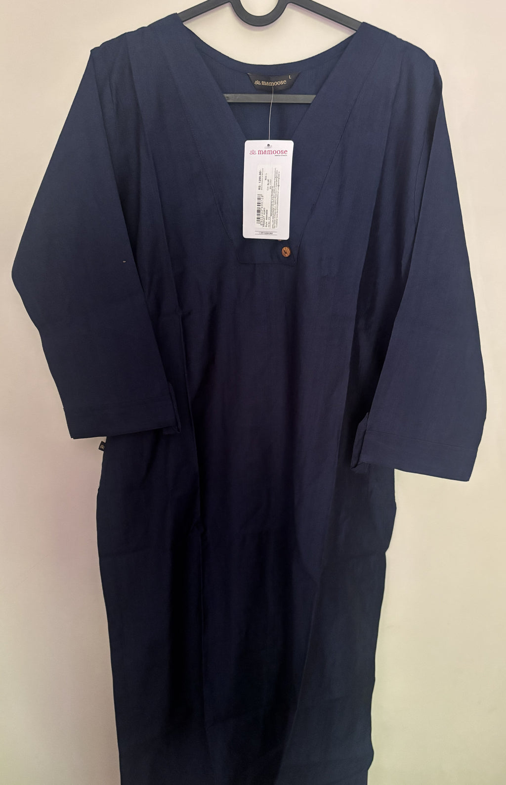Mamoose Navy Blue Solid Linen-Look Longline Kurta