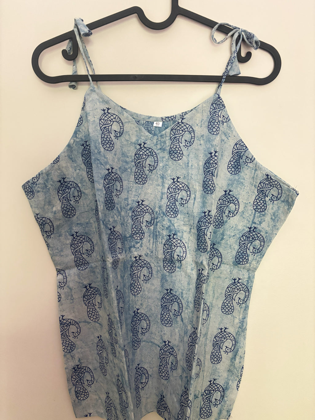 Sky Blue Peacock Block Print Cotton Tie-Strap Top
