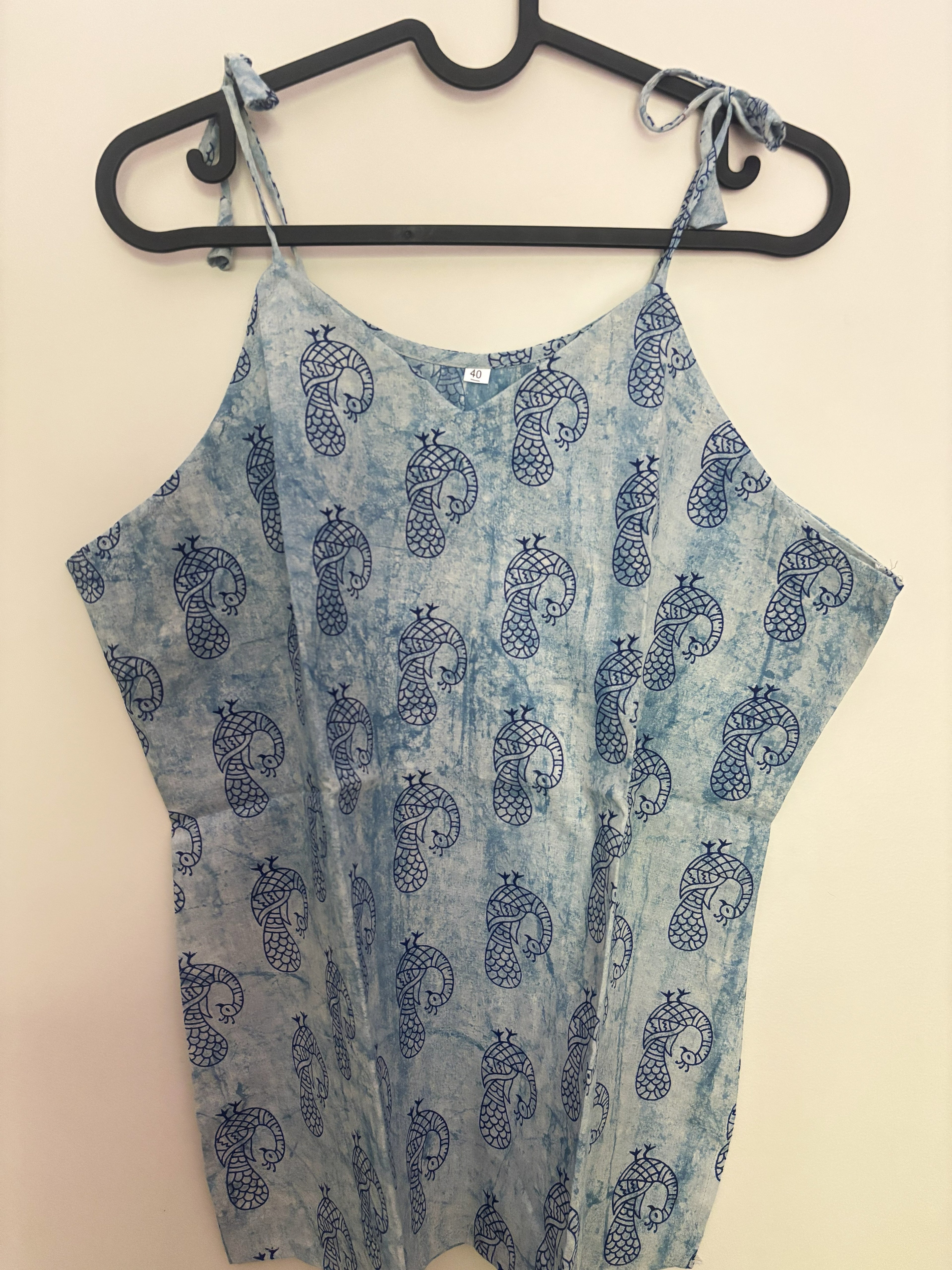 Sky Blue Peacock Block Print Cotton Tie-Strap Top