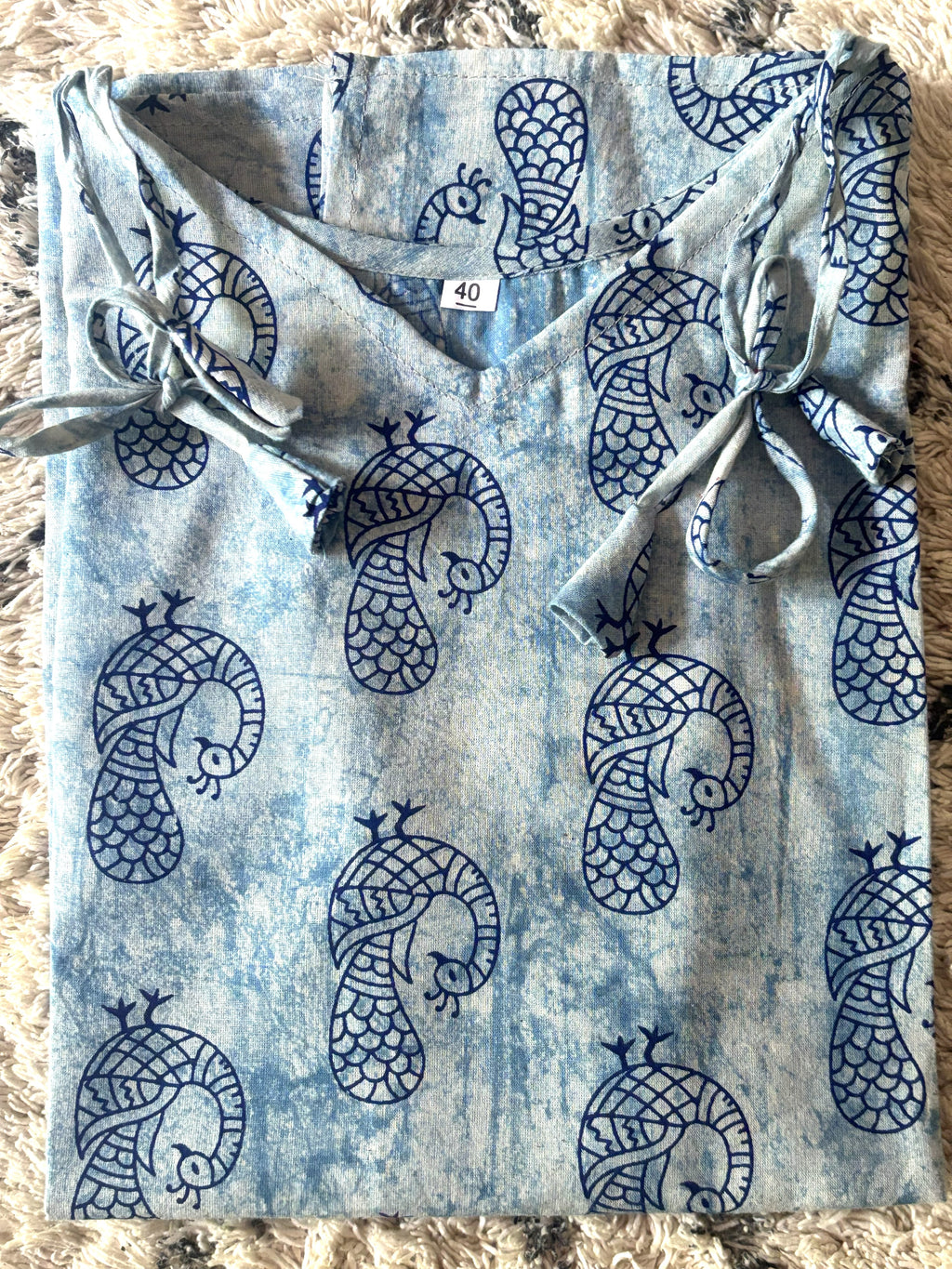 Sky Blue Peacock Block Print Cotton Tie-Strap Top