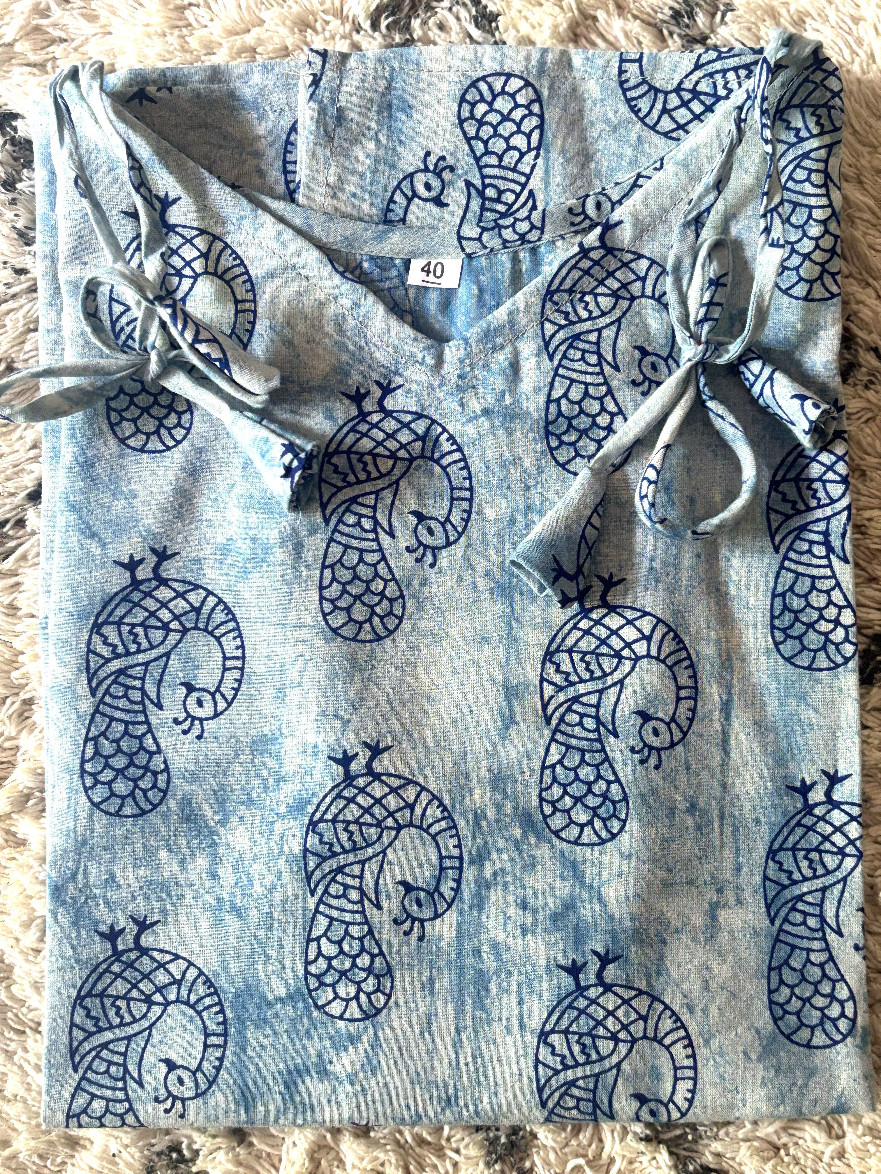 Sky Blue Peacock Block Print Cotton Tie-Strap Top