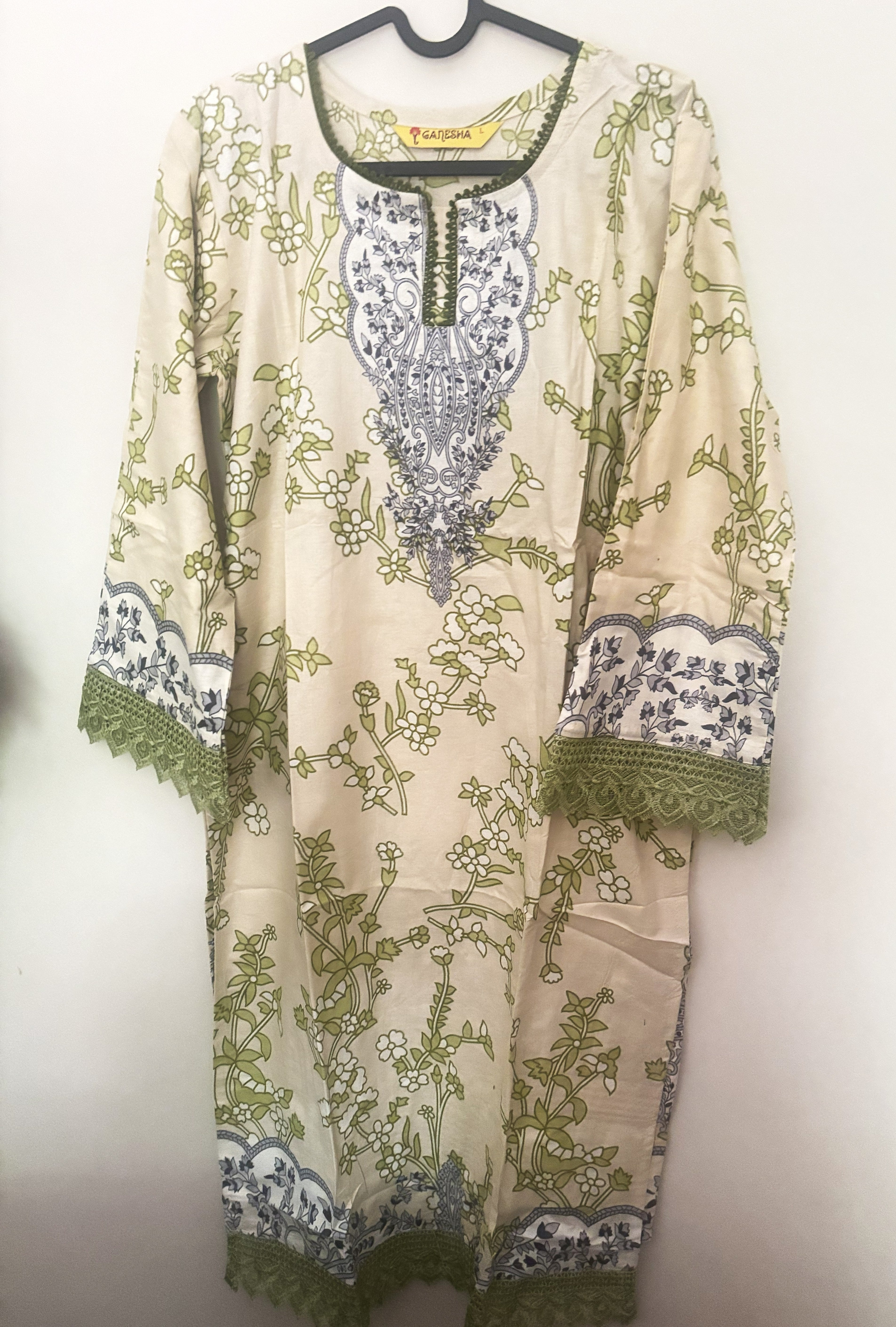 Cream Sage Floral Mul Cotton Suit with Black Dupatta | 3-Piece