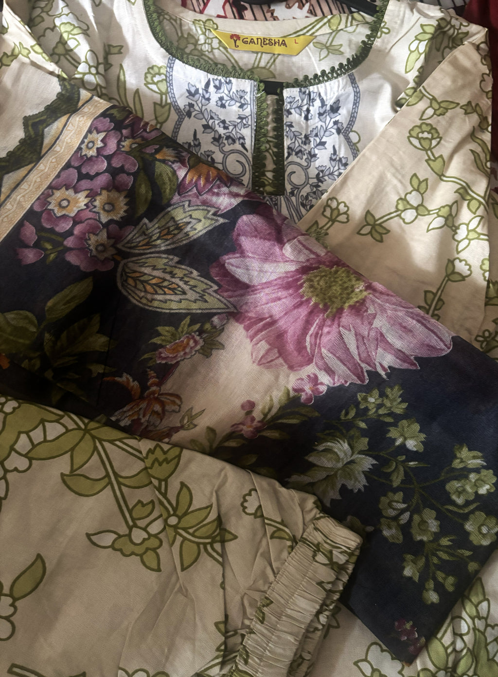 Cream Sage Floral Mul Cotton Suit with Black Dupatta | 3-Piece