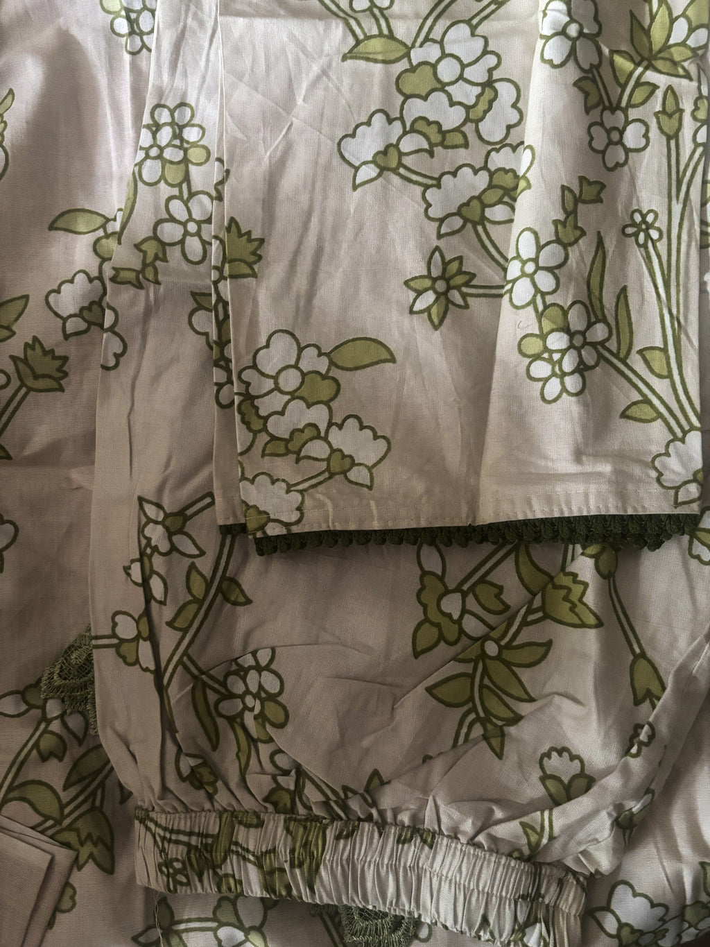 Cream Sage Floral Mul Cotton Suit with Black Dupatta | 3-Piece