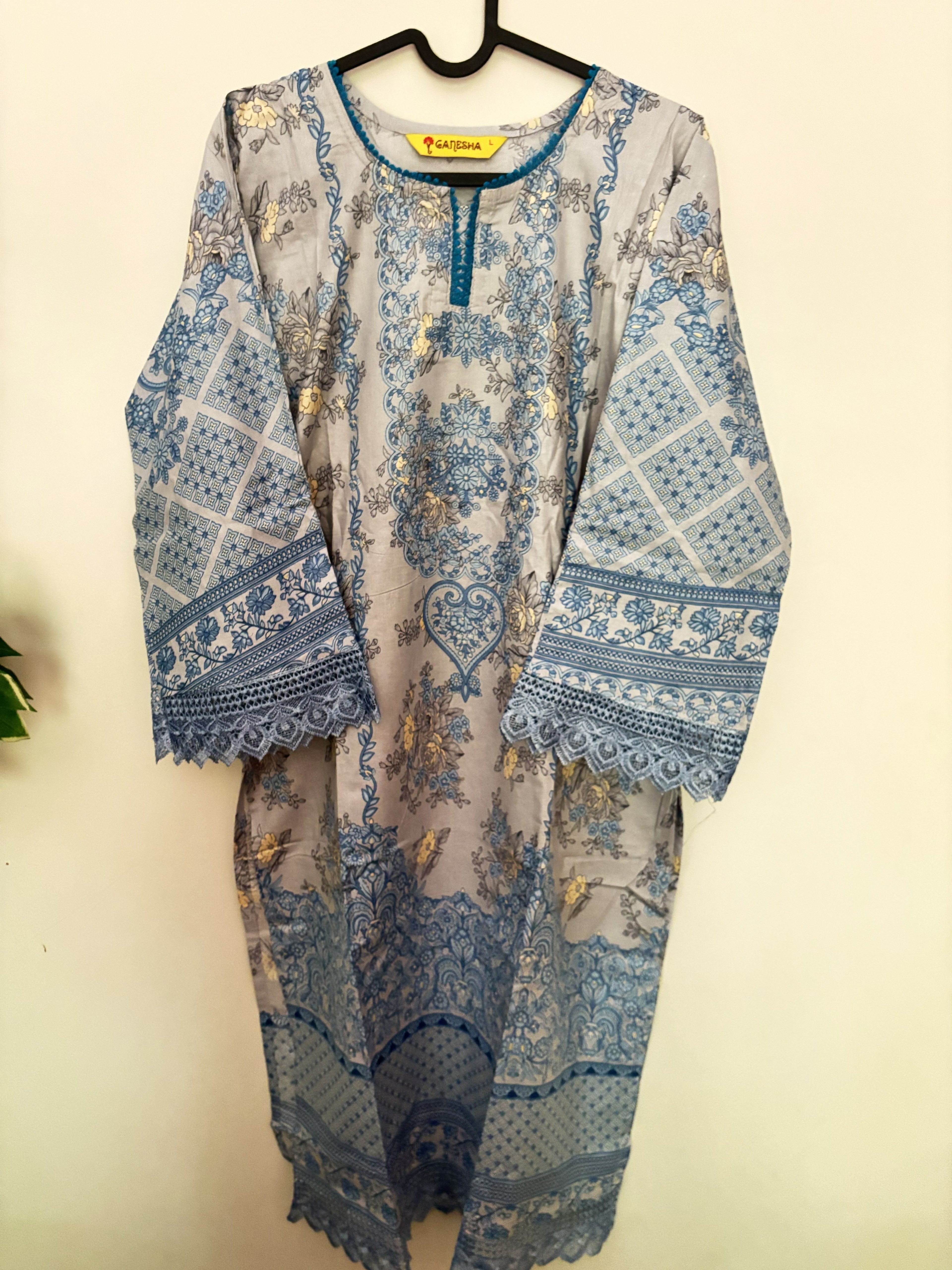 Grey Blue Floral Heart Motif Mul Cotton Suit | 3-Piece