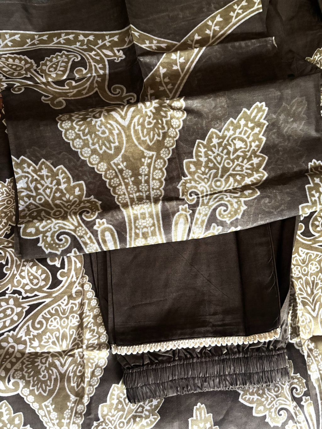 Olive Brown Paisley Mul Cotton Suit | 3-Piece