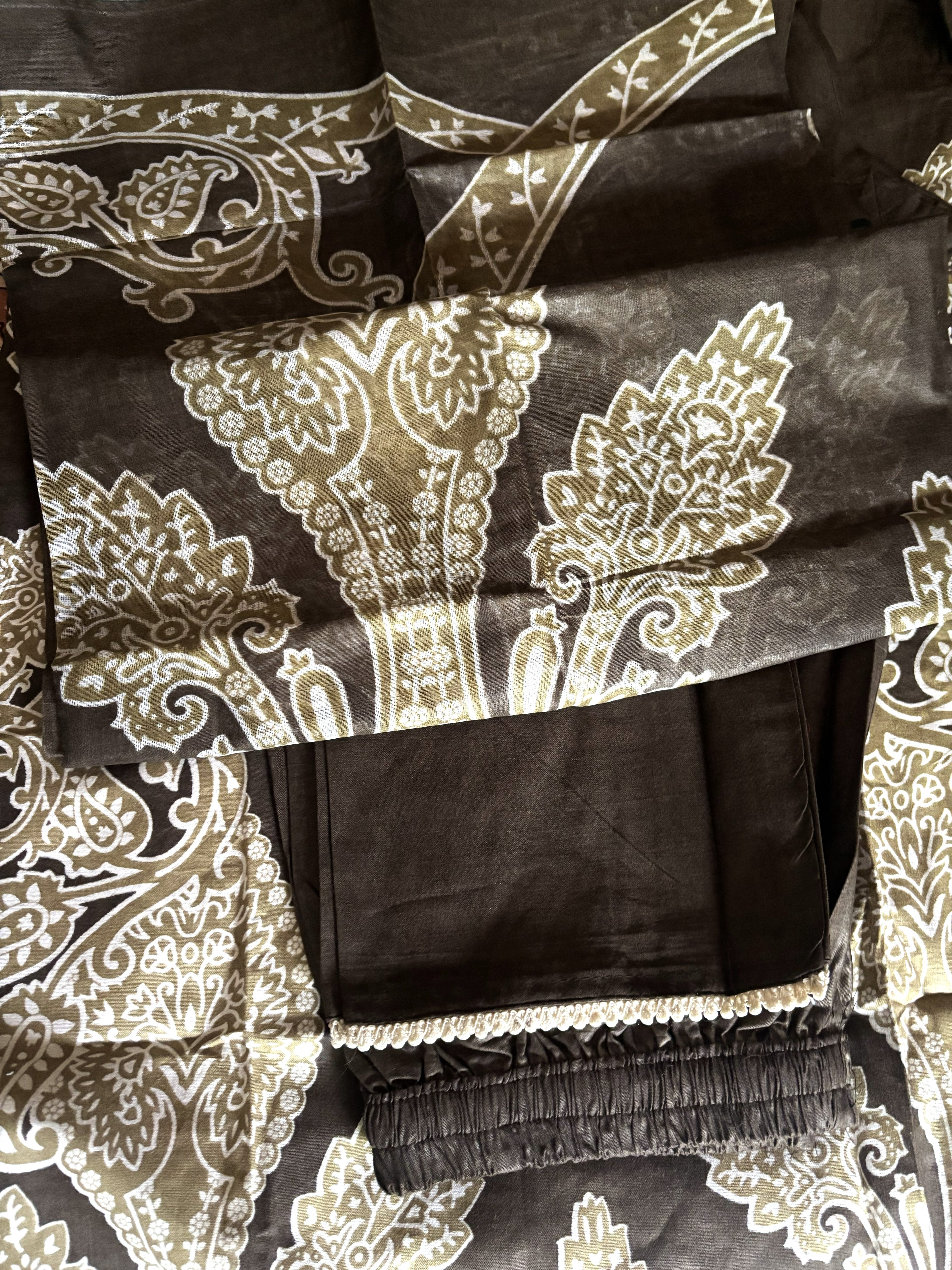 Olive Brown Paisley Mul Cotton Suit | 3-Piece