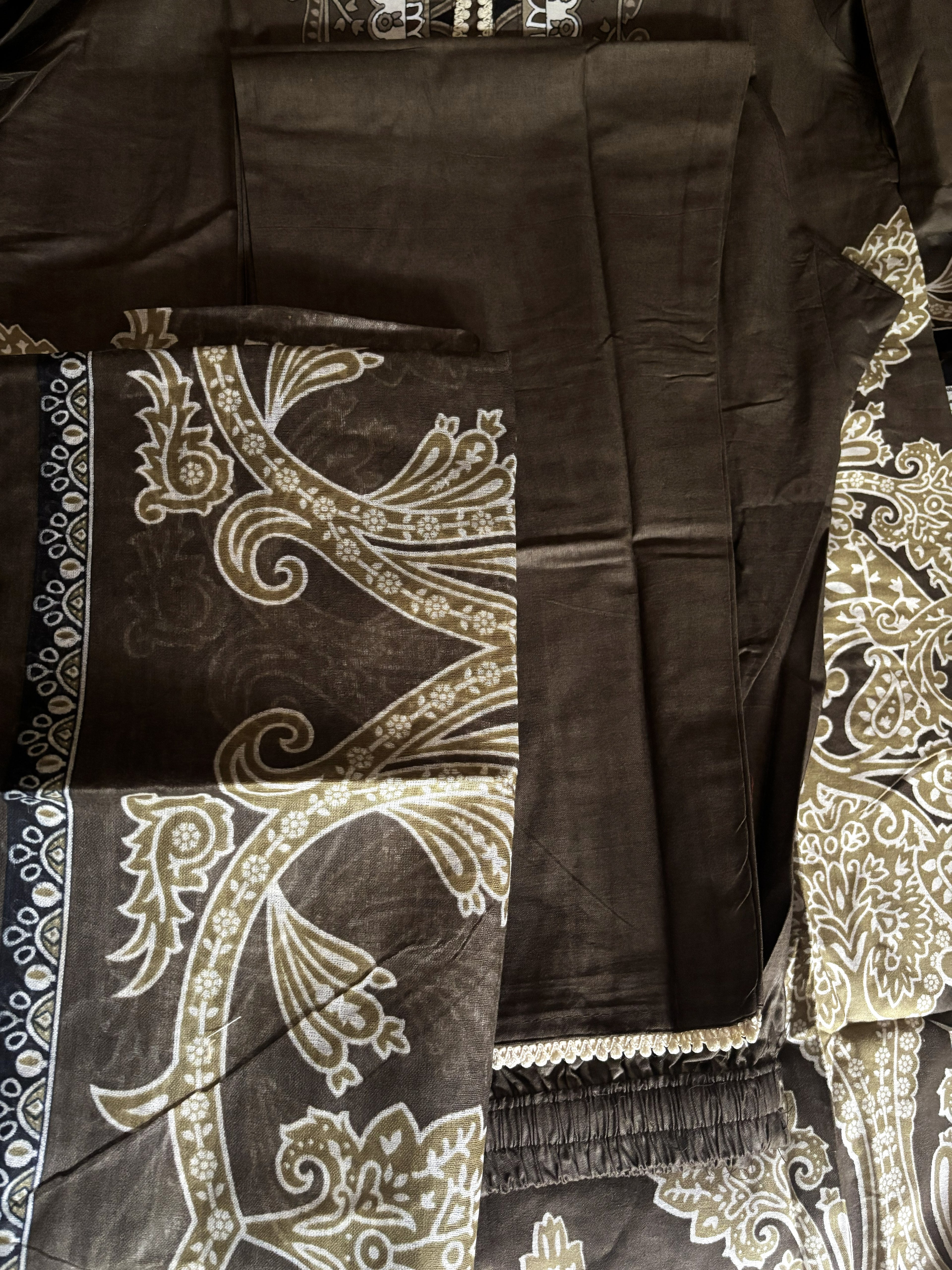 Olive Brown Paisley Mul Cotton Suit | 3-Piece